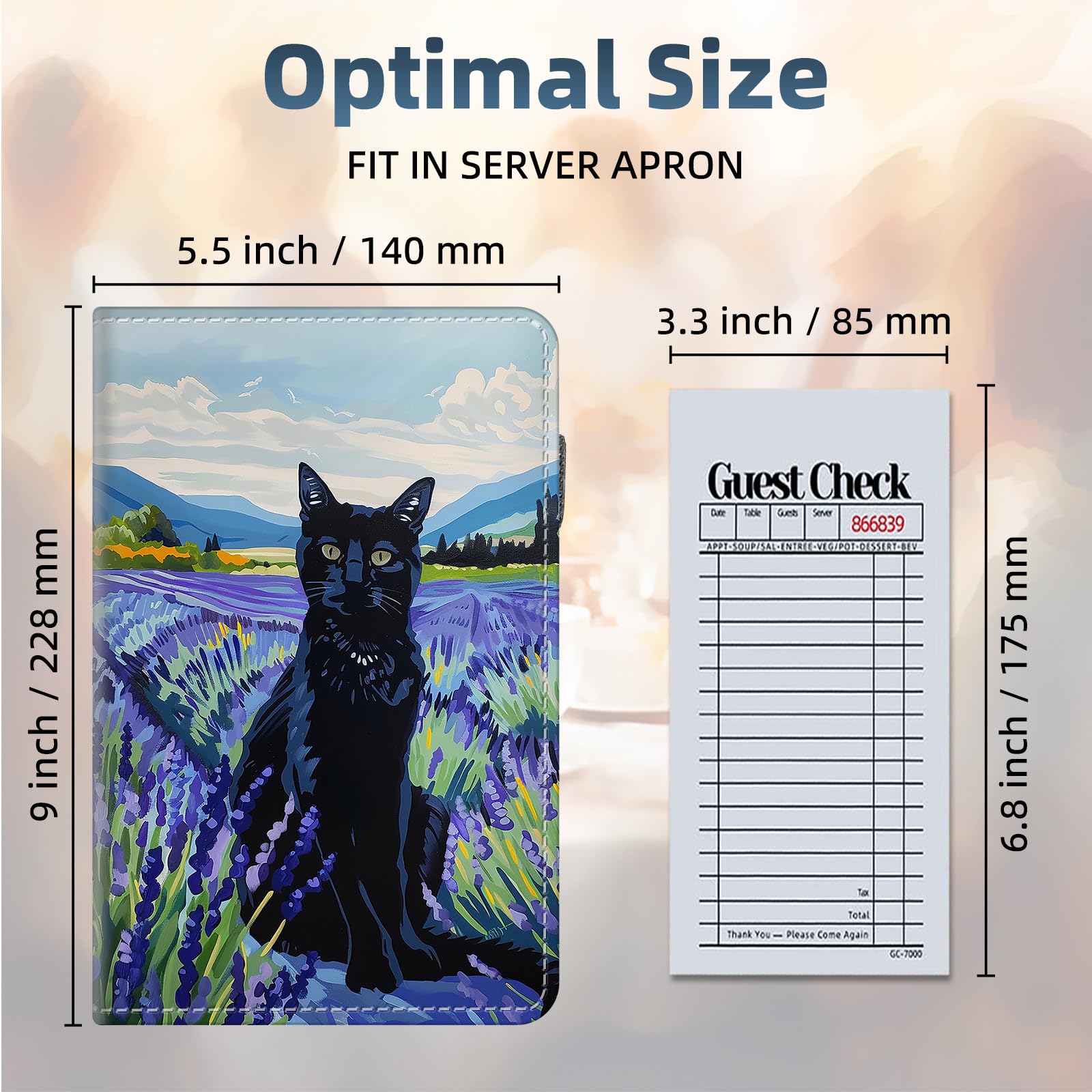 FQSXFIFN Leather Server Book for Waitress, Cute Server Book with Zipper Money Pocket,Check Presenters Waitstaff Organizer Fit Server Apron, Lavender Cat Serving Books, Black Waiter Books for Servers