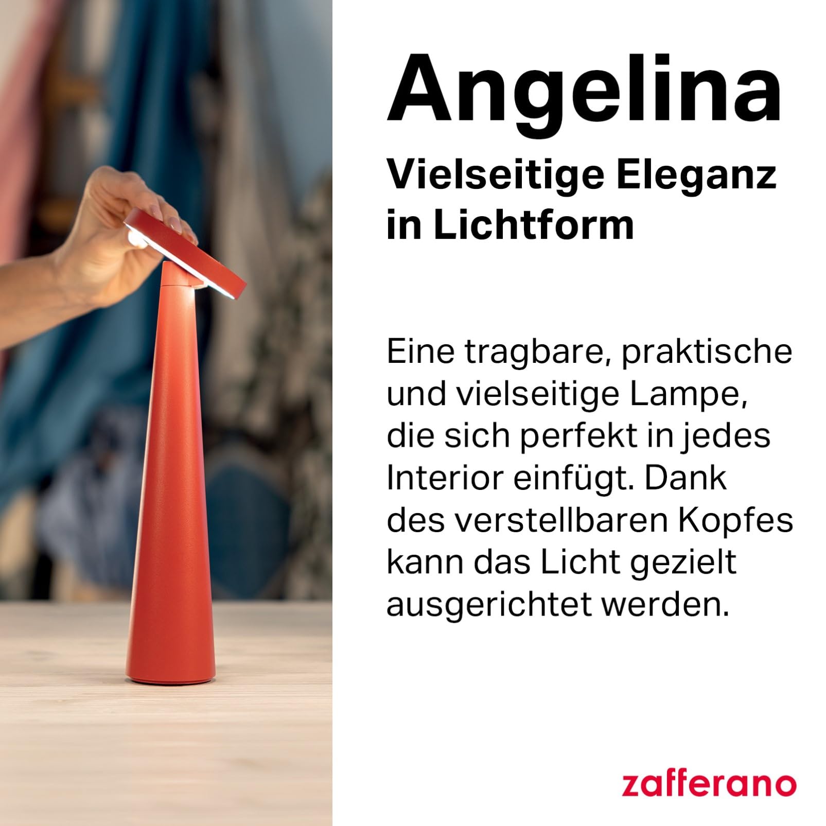 Zafferano, Angelina Lampe, Wiederaufladbare und Kabellose Tischlampe mit Touch Control Und Schwenkbarem Kopf, Geeignet Für Den Innenbereich, Dimmer, 2200-3000 K, Höhe 26 cm, Farbe Rot