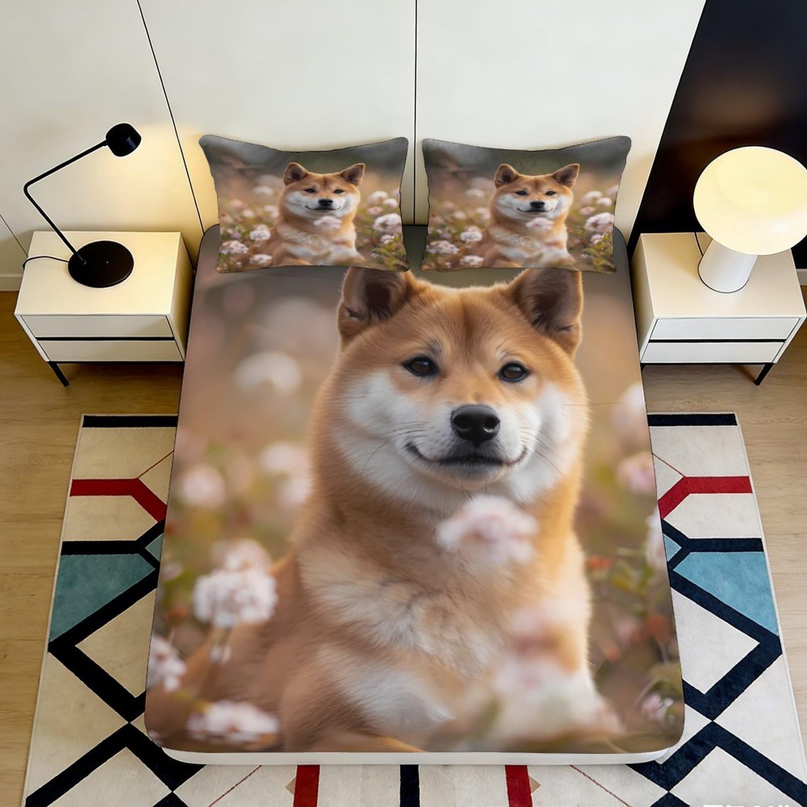 3D Printed Shiba Inu Pattern Fitted Sheet Microfiber Deep Pocket Non-Slip Bedroom Bedding Shiba Inu Mattress Fitted Cover for Adults Teens 90x200x25cm