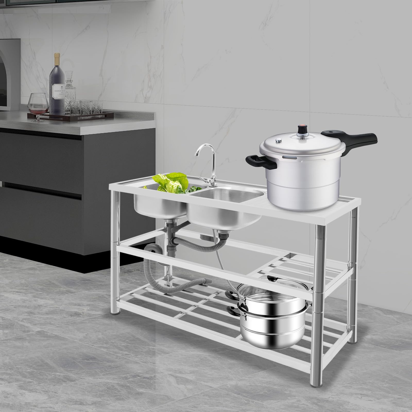 Fregadero de 2 lavabos con armario inferior, doble lavabo, fregadero de acero inoxidable, fregadero de acero inoxidable, 120 x 45 x 80 cm