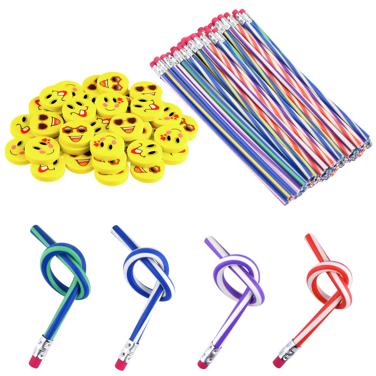 ANPUNAT 48 Pcs Party Bag Filler Set, Soft Flexible Bendy Pencils and Erasers School Fun Stationary Equipment Party Favor Supplies