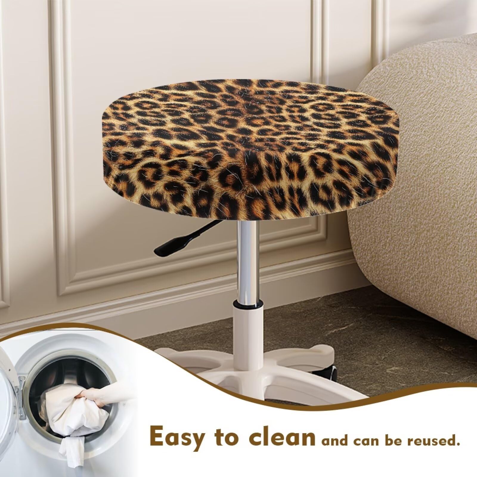 Wanyint Brown Leopard Fur Print Stool Covers Round 13-15 Inch 2 Pack Stretch Bar Stool Slipcovers Washable Saddle Stool Seat Covers Stool Slipcovers - Image 4