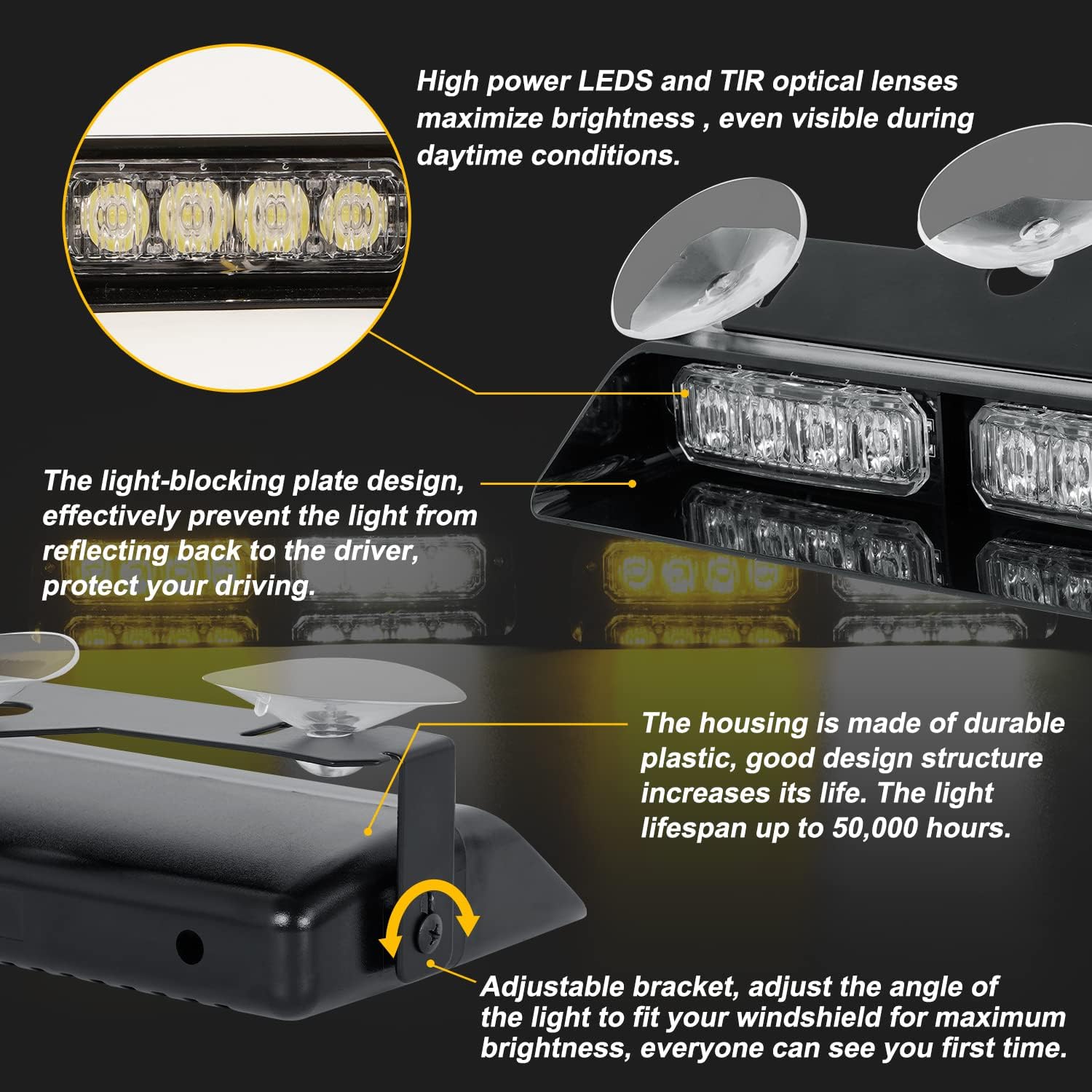 ASPL 2 in 1 Dash Emergency Strobe Lights 2x7.2 Inch 16LED Interior Front/Rear Windshield Safety Deck Split Light Bar Hazard Flashing Warning Traffic Lights For Trucks Vehicles Cars (Amber/White) : Automotive
