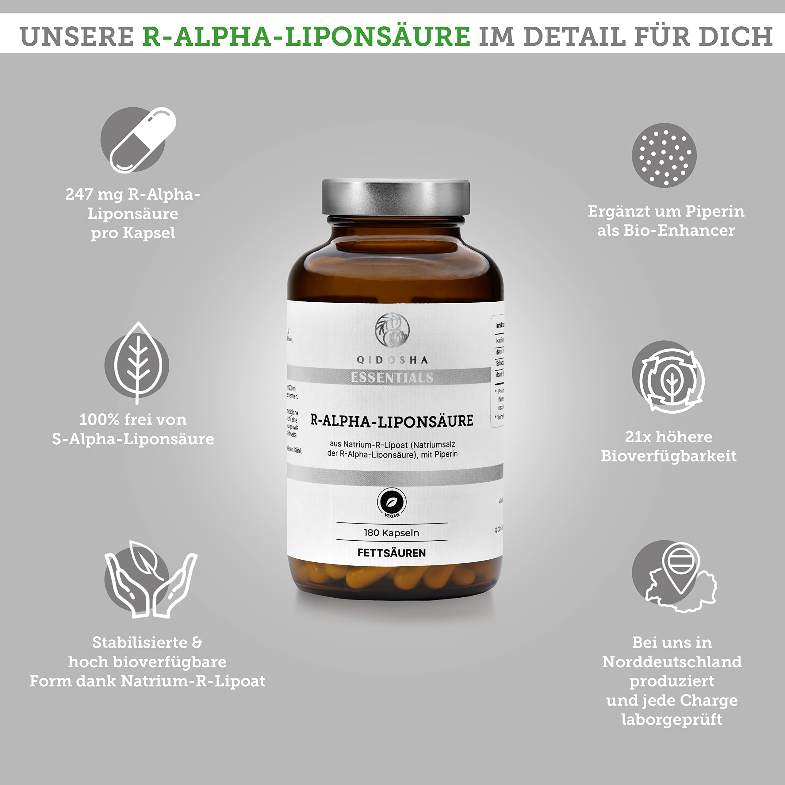 QIDOSHA® R-Alpha-Liponsäure, TESTSIEGER 07/23*, R-Alpha-Liponsäure Kapseln hochdosiert aus Na-R-Lipoat & Piperin als Bioenhancer, 180 Stk/Glas, erhöhte Bioverfügbarkeit dank Natrium-R-Lipoat