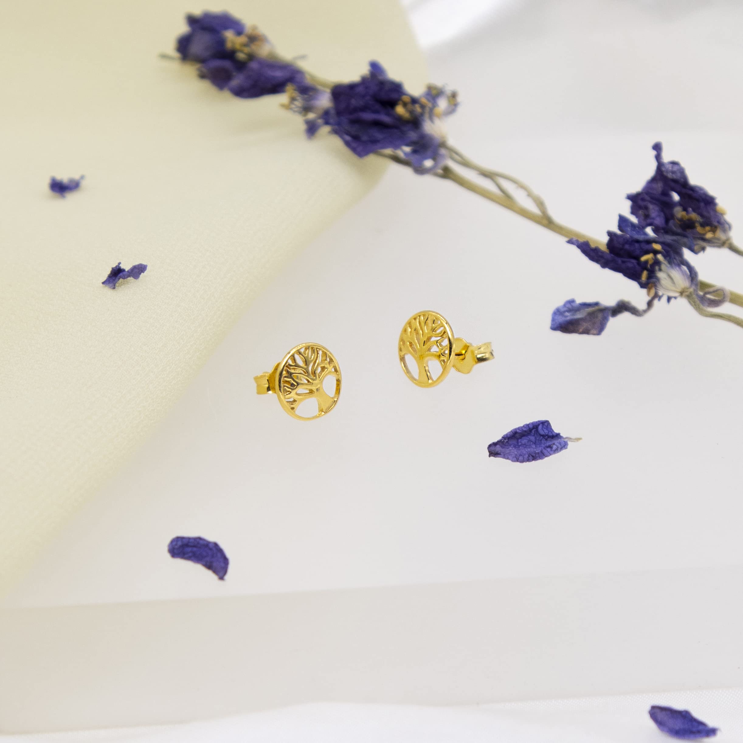 Tuscany Silver Pendientes de tuerca para mujer, plata de ley, chapados en oro amarillo, 8 mm, diseño de árbol de la vida, Plata de ley