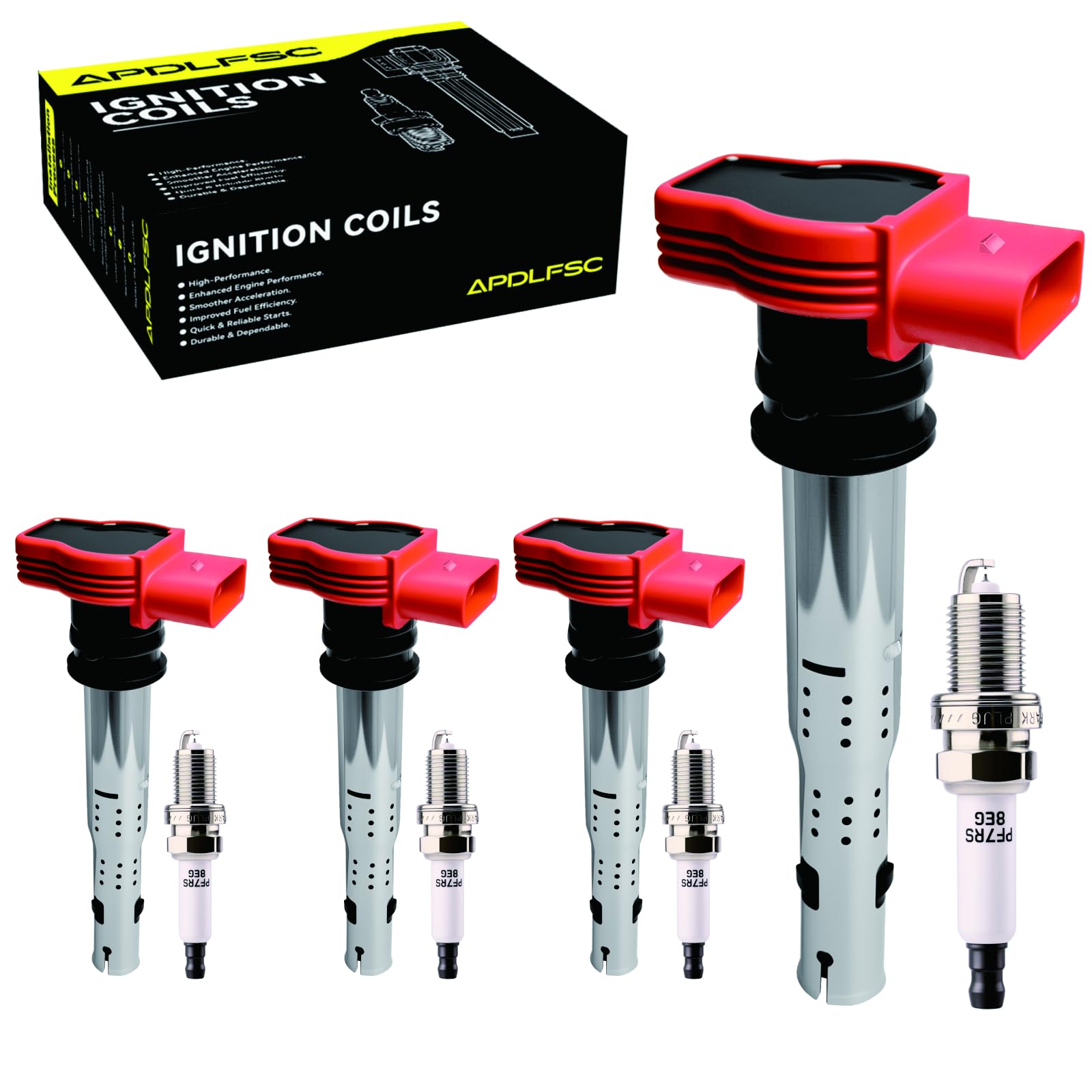 Set of 4 Ignition Coil Pack and Spark Plugs Fits for Audi A3/A4/A5/A6/A7/Q5/SQ5/Q7/R8/S4/S5/TT/TTS,for Volkswagen Jetta/Golf/Mk5/MK6/GTl/MK6 Rabbit/Passat/Cc/Tiguan,Replaces UF529