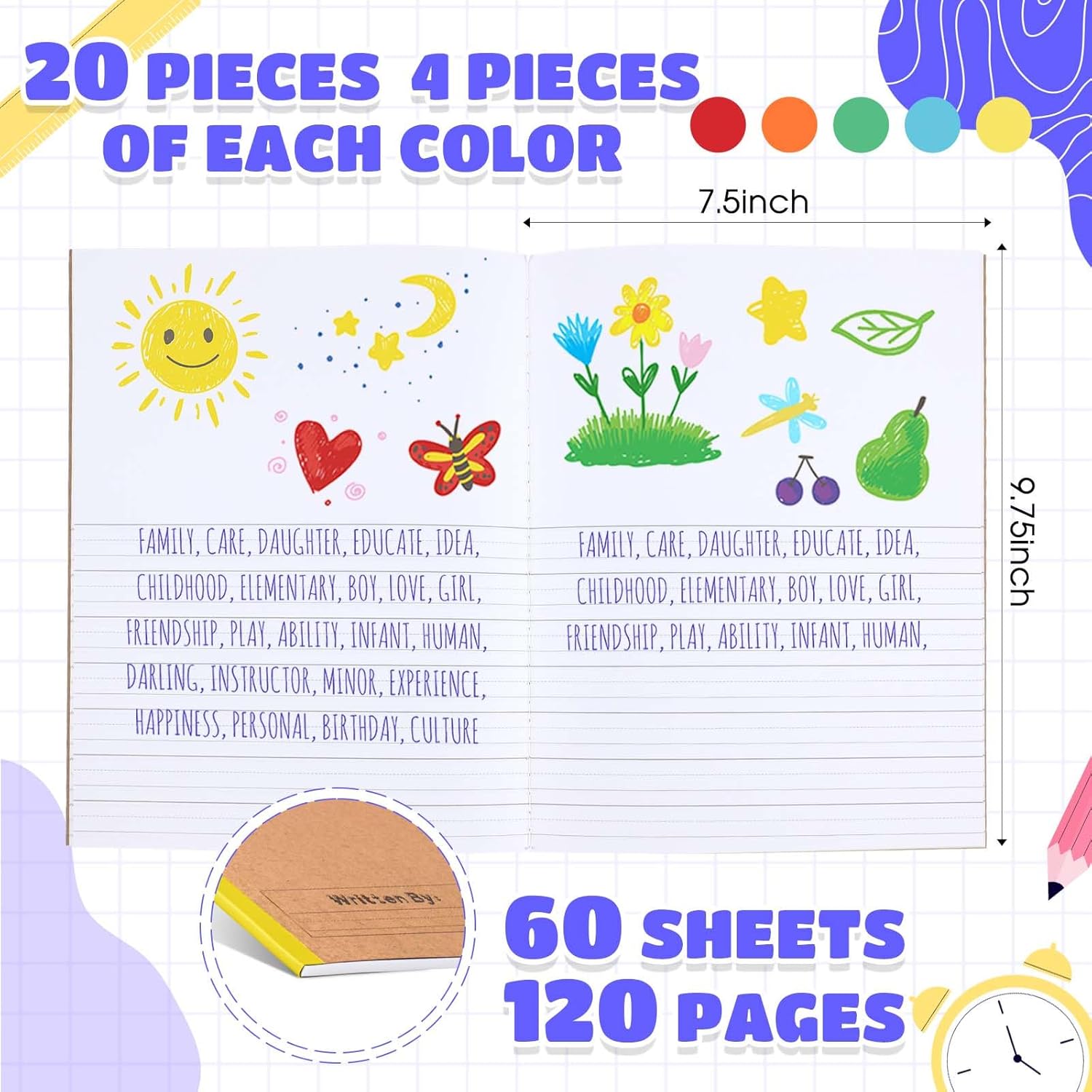 Henoyso 20 Pcs 120 Pages Primary Composition Notebooks K-2, Primary Journal Grades K-2, Writing Journal Practice Notebook for Kids in Preschool, Kindergarten, Back to School Supplies (Rainbow)