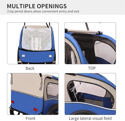 Miniatura 4 de Remolque y cochecito de bicicleta para niños de 2 asientos, remolque de bicicleta 2 en 1 y cochecito para 2 niños, plegable con rueda delantera,