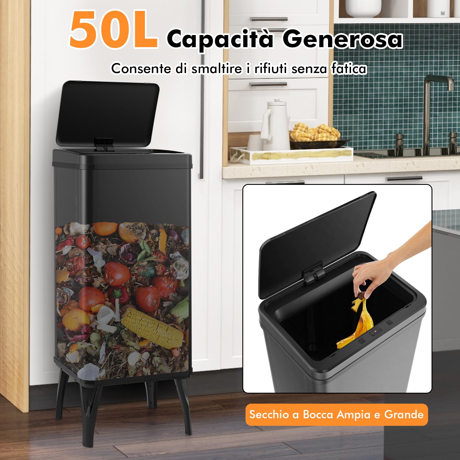 Pattumiera Automatica RELAX4LIFE 60L Con Sensore A Infrarossi: Acciaio Inox, Doppio Coperchio, Chiusura Morbida, Per Cucina E Ufficio