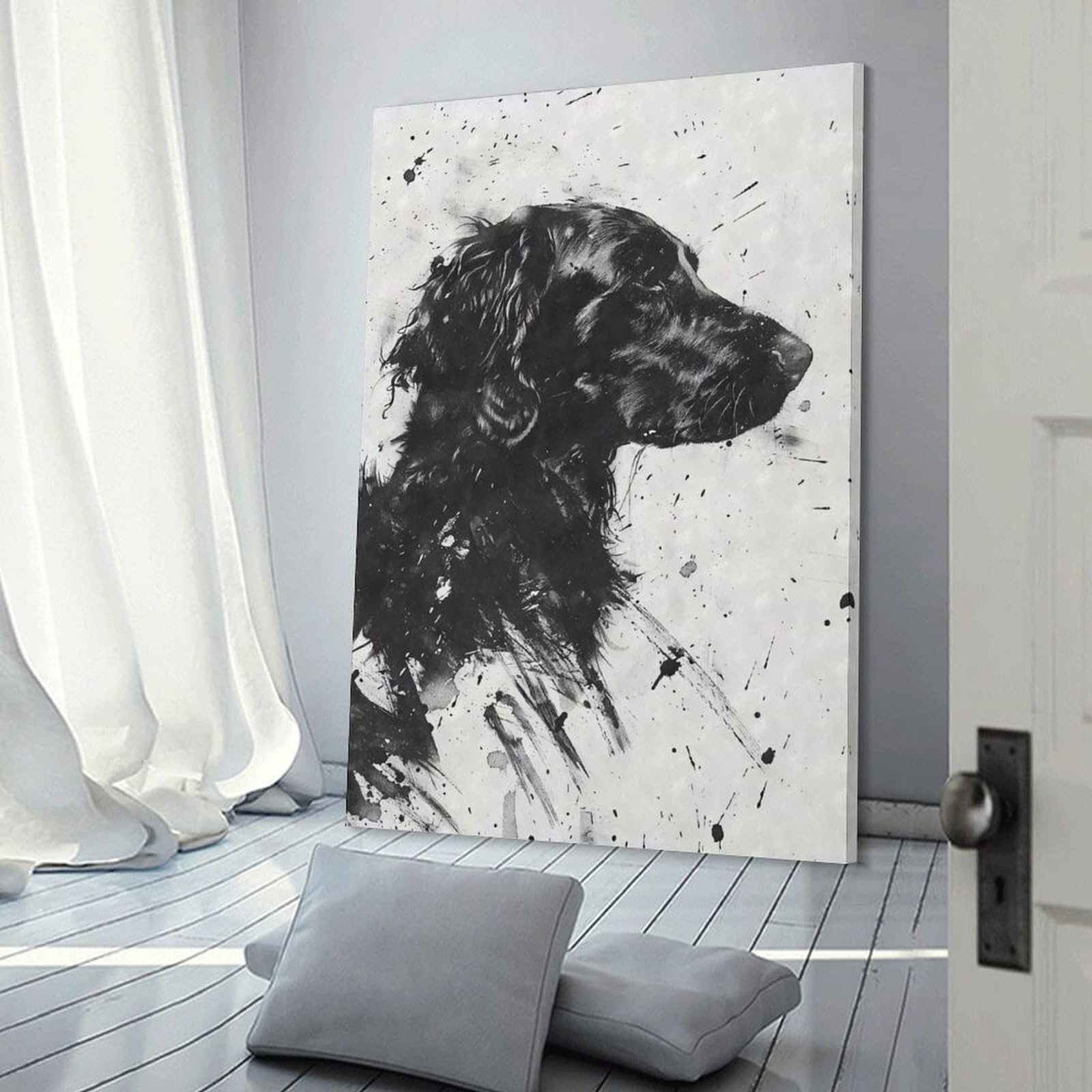 Junmoney Frame-Style-2-1 Flatcoated Retriever Ink Wall Decor Canvas Print 24X36inch(60X90cm), For Study, Office Or Apartment Decor, A Wall Art Gift For Fresh Interiors