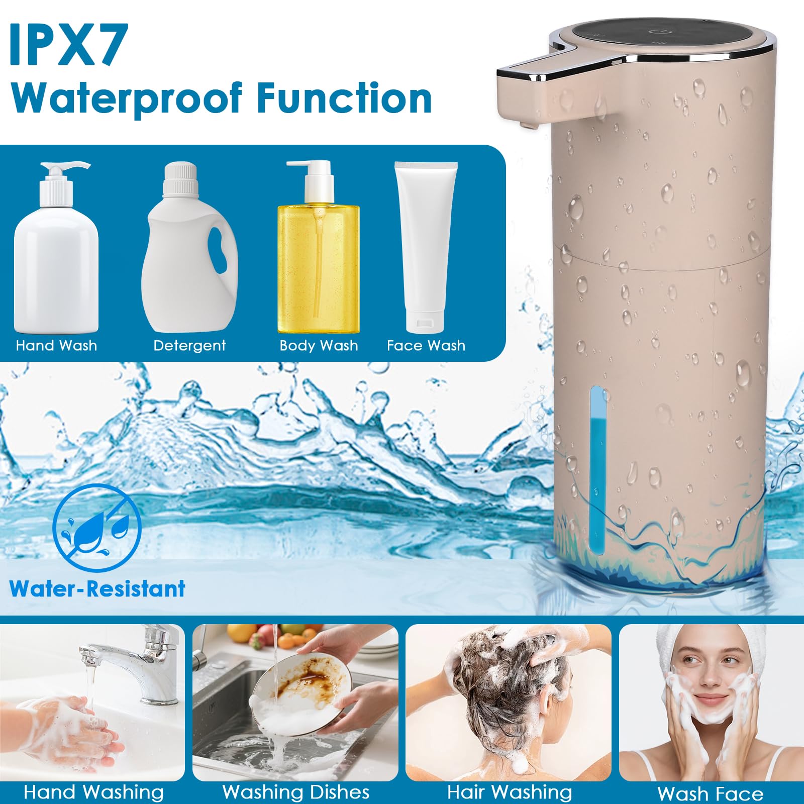 Automatyczny dozownik mydła, 420 ml, mocowanie ścienne, elektryczny dozownik mydła z czujnikiem podczerwieni, 4 poziomy regulacji, ładowanie przez USB, wodoszczelność IPX5, do kuchni, łazienki, szkoły