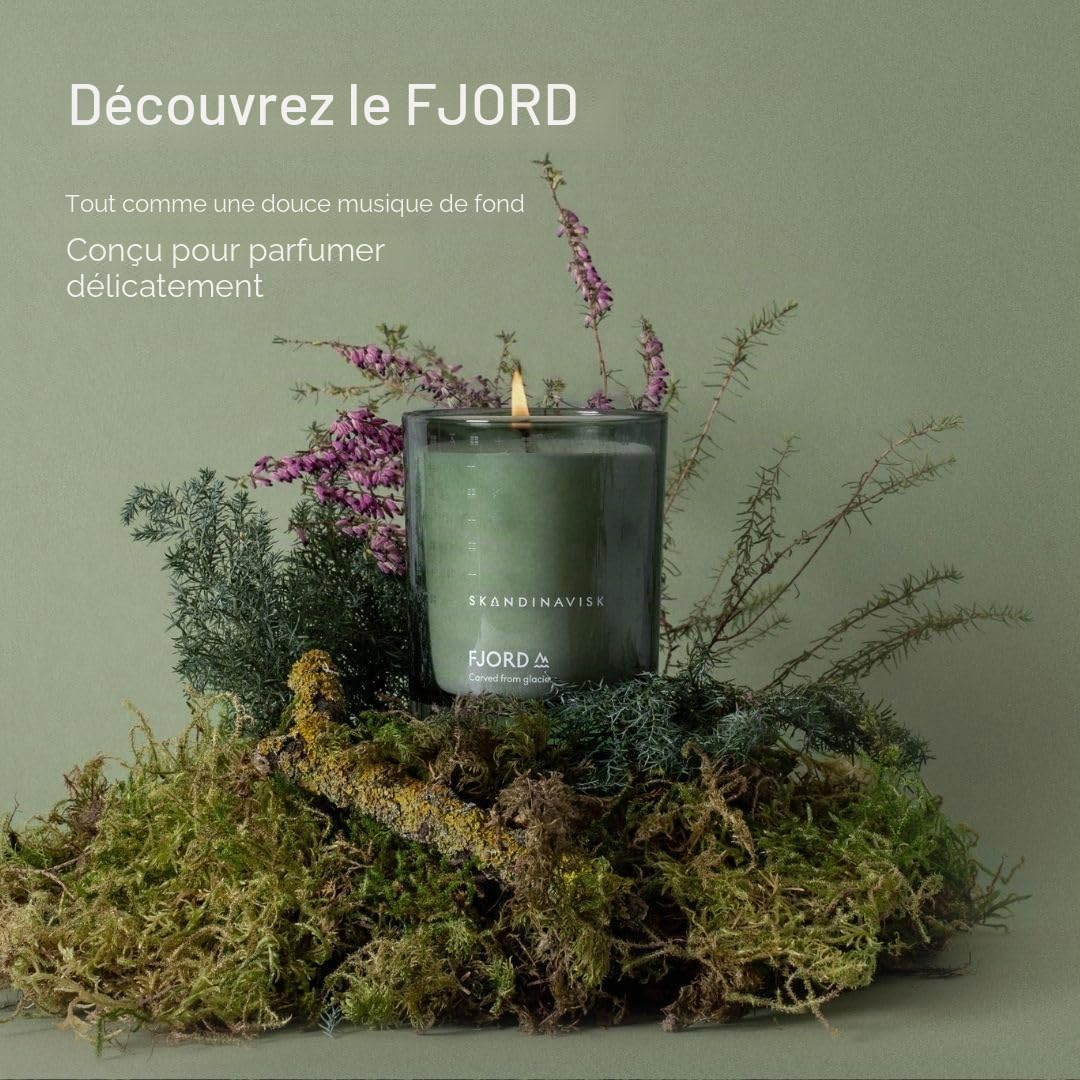 Skandinavisk FJORD Bougie Parfumée. Notes parfumées: Fleur de Pommier et de Poirier, Fruits du Verger, Fruits Rouges. 200 g.