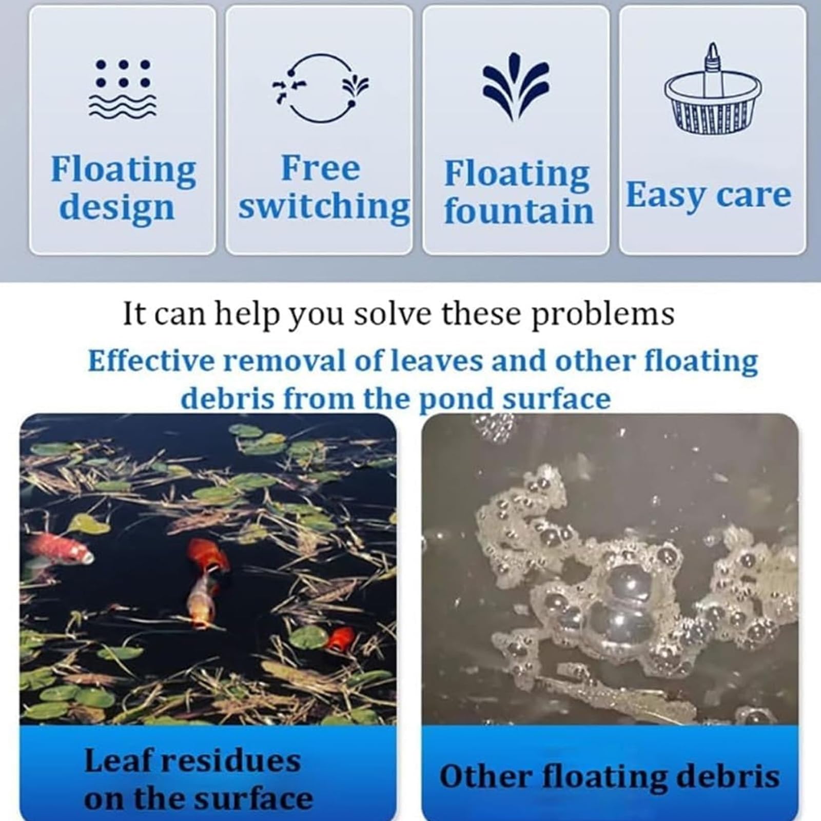 Skimmer galleggiante per laghetto, aspiratore per foglie e detriti, 3 modalità di fontana, strumento di pulizia ideale per giardino, patio, cortile, collettore di foglie di superficie