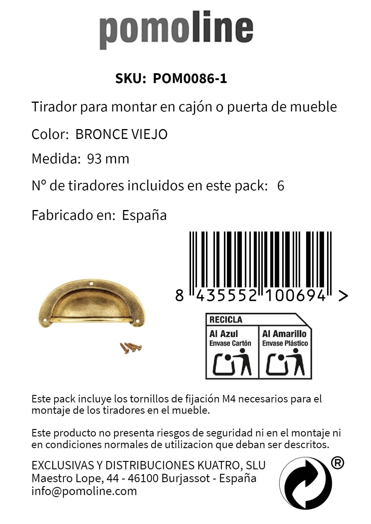 Juego De 6 Tiradores Concha En Bronce Envejecido - Para Cajones Y Muebles, Distancia Entre Tornillos 64 Mm