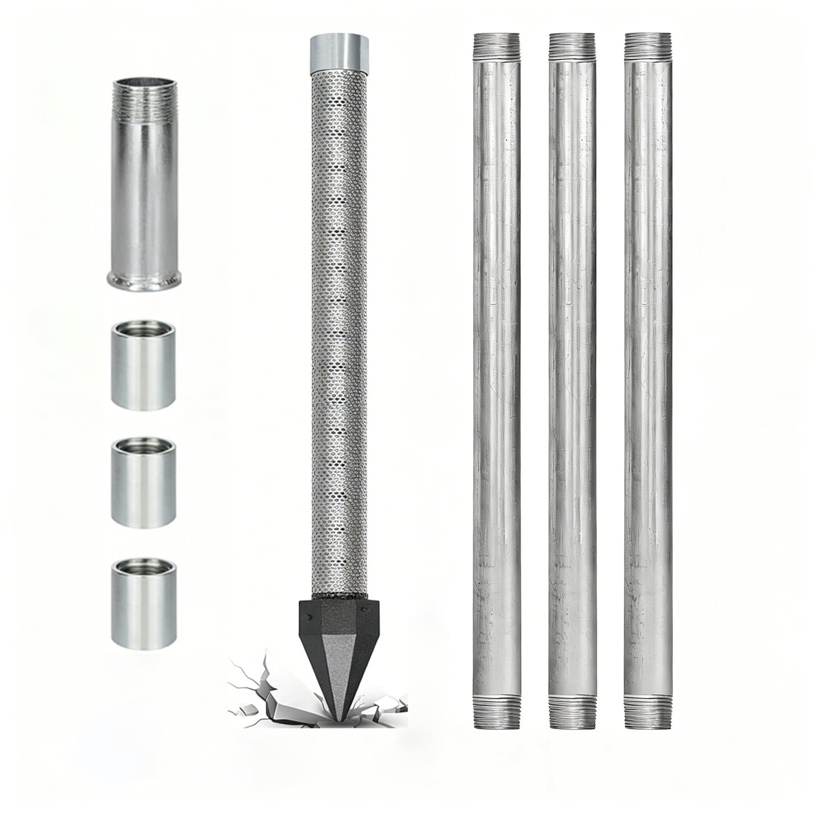 Kit Perforación para Pozo Artesiano, Acero Galvanizado con Tubos y Manguitos de Unión, Kit Forjado Manual para Riego y Cuidado de Césped Exterior 3+1kit