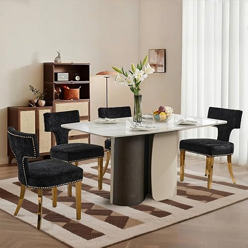 Miniatura 18 de SoarFlash Juego de 2 sillas de comedor modernas de madera, silla tapizada de tela de lino de granja, respaldo curvado con clavos de cobre alrededor,
