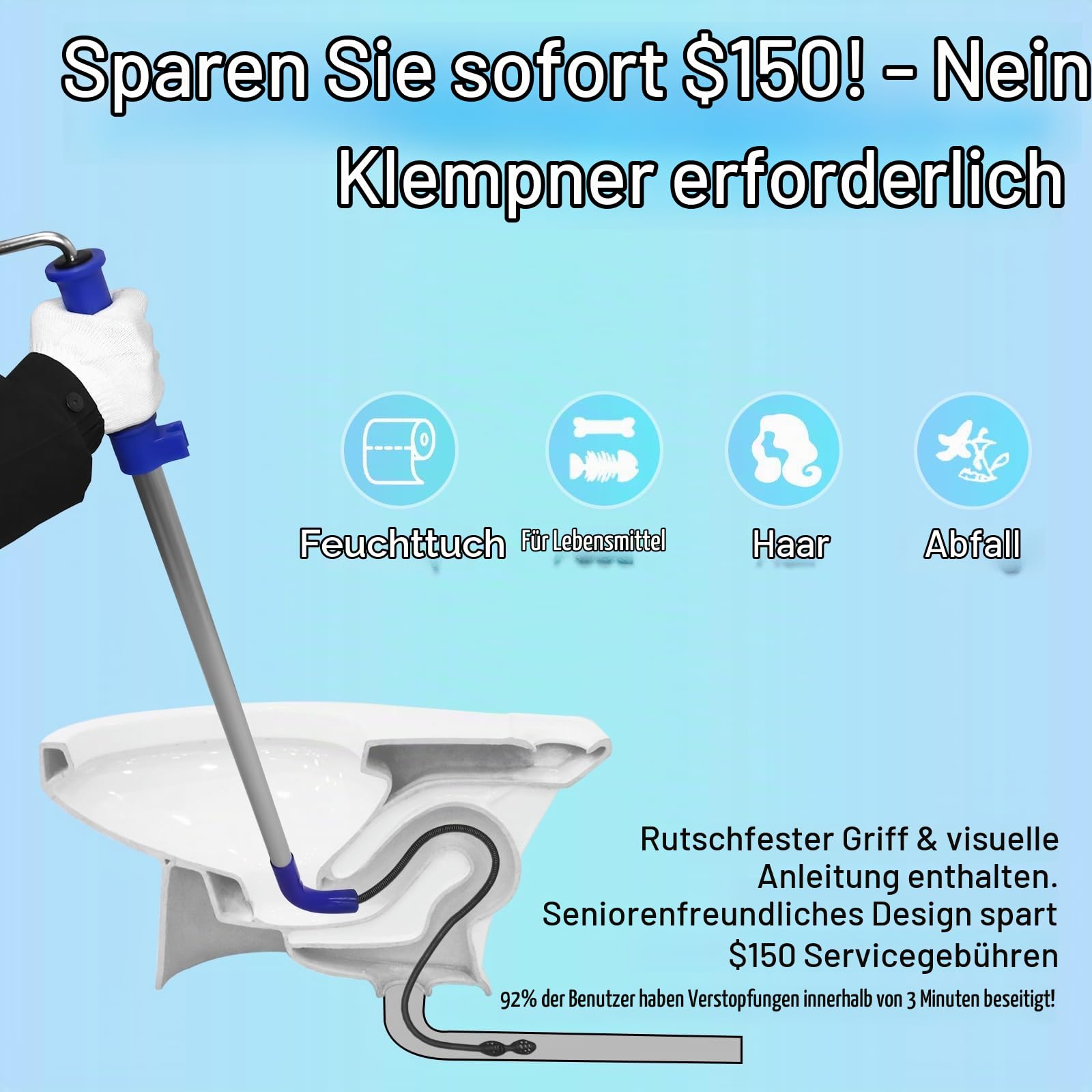 Rohrreinigungsspirale für Toiletten 1,8 m mit Nicht Kratzendem Silikonkopf | Robuste Edelstahlspirale zum sicheren Lösen von Verstopfungen in Toiletten und Abflussrohren, flexibel und einfach zu führen