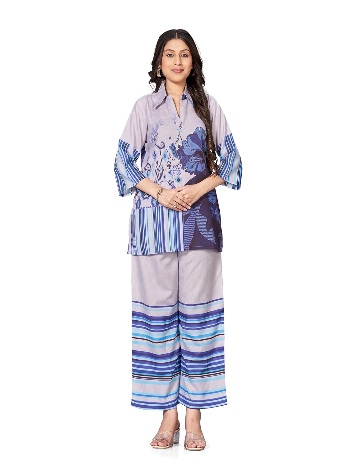 Women’s Floral Printed Co-Ord Set | Regular Fit Shirt Top & Straight Pant Set | Casual Lounge Wear Outfit | Printed Kurti Pant Set for Women | Stylish Two Piece Outfit