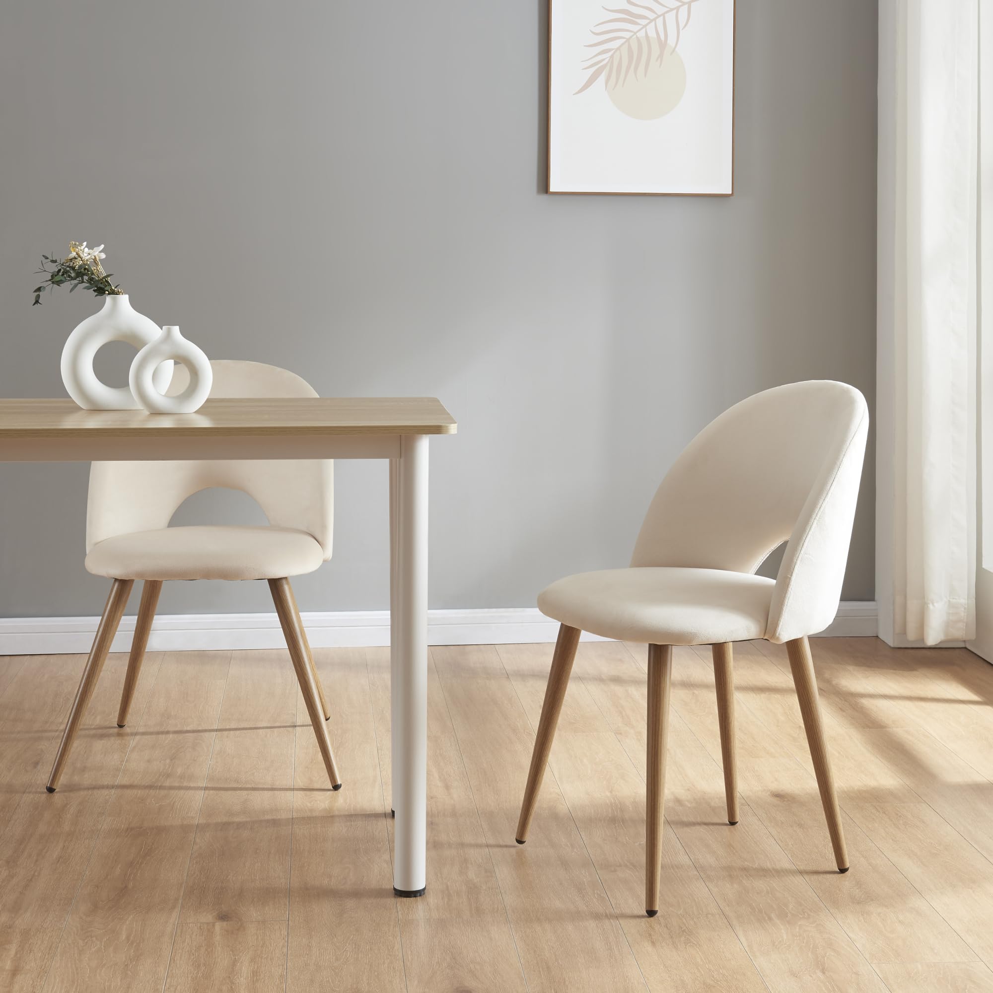 [en.casa] Set di 2 Sedie da Sala Pranzo Poltroncine per Salotto Cucina Coppia di Sedie Imbottite Rivestimento in Tessuto Effetto Velluto 77 x 50 x 55 cm - Beige/Effetto Legno