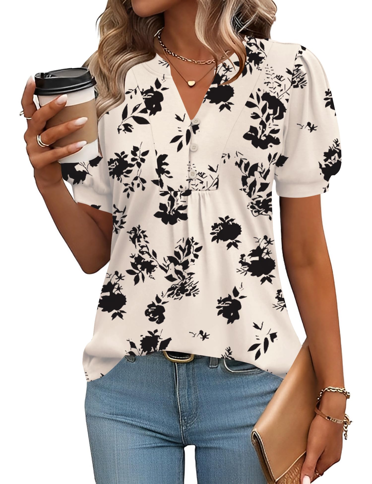 Rapbin Bluse Damen V-Ausschnitt Knopfleiste T-Shirt Tunika Kurzarm Top Sommer Oberteile Elegant Casual