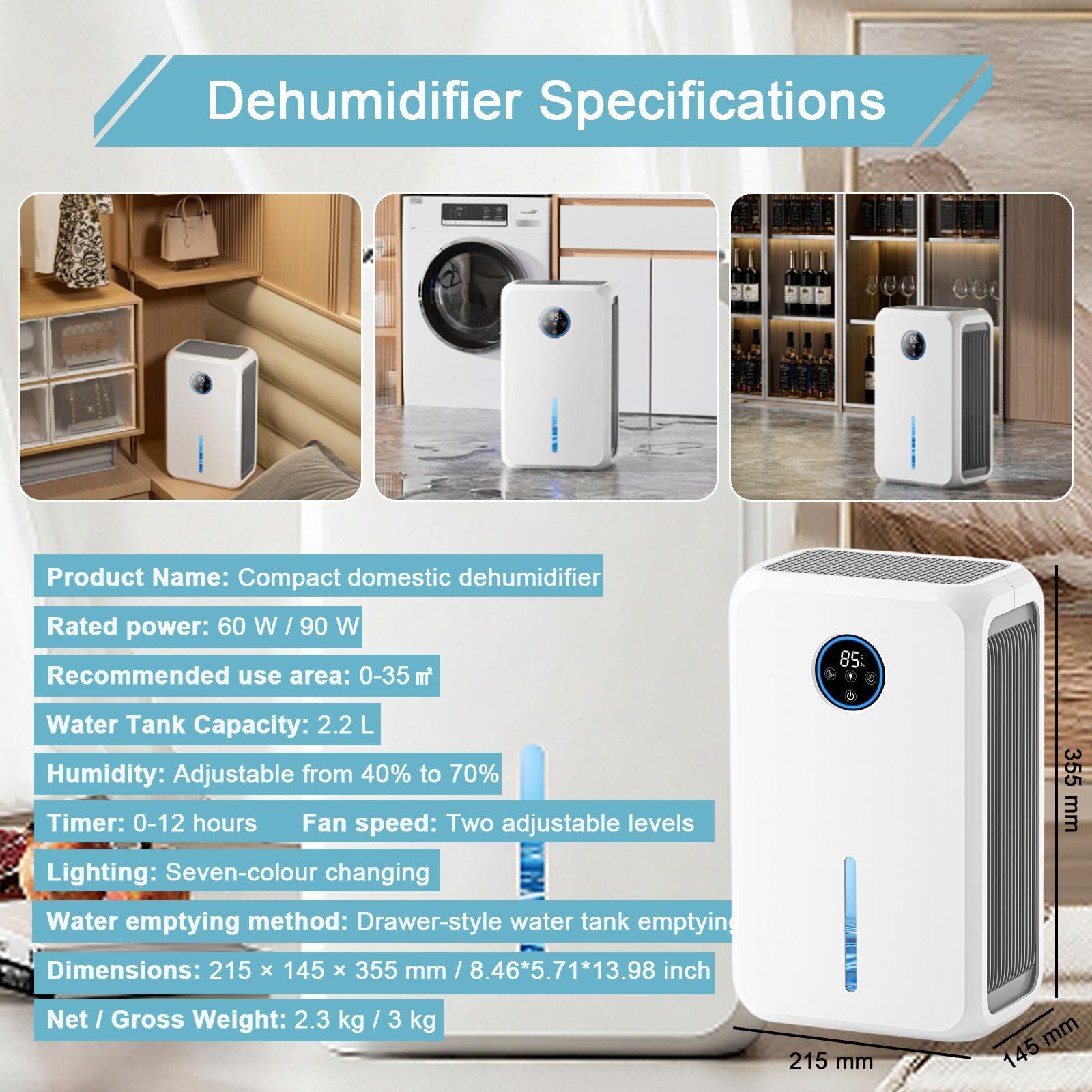 Osuszacze Powietrza Do Domu O Powierzchni 10–35 m², Przenośny, Cichy, Biurkowy Pochłaniacz Wilgoci, Regulacja Wilgotności 40–70% + 12-Godzinny Timer, Ekran Dotykowy I Pilot