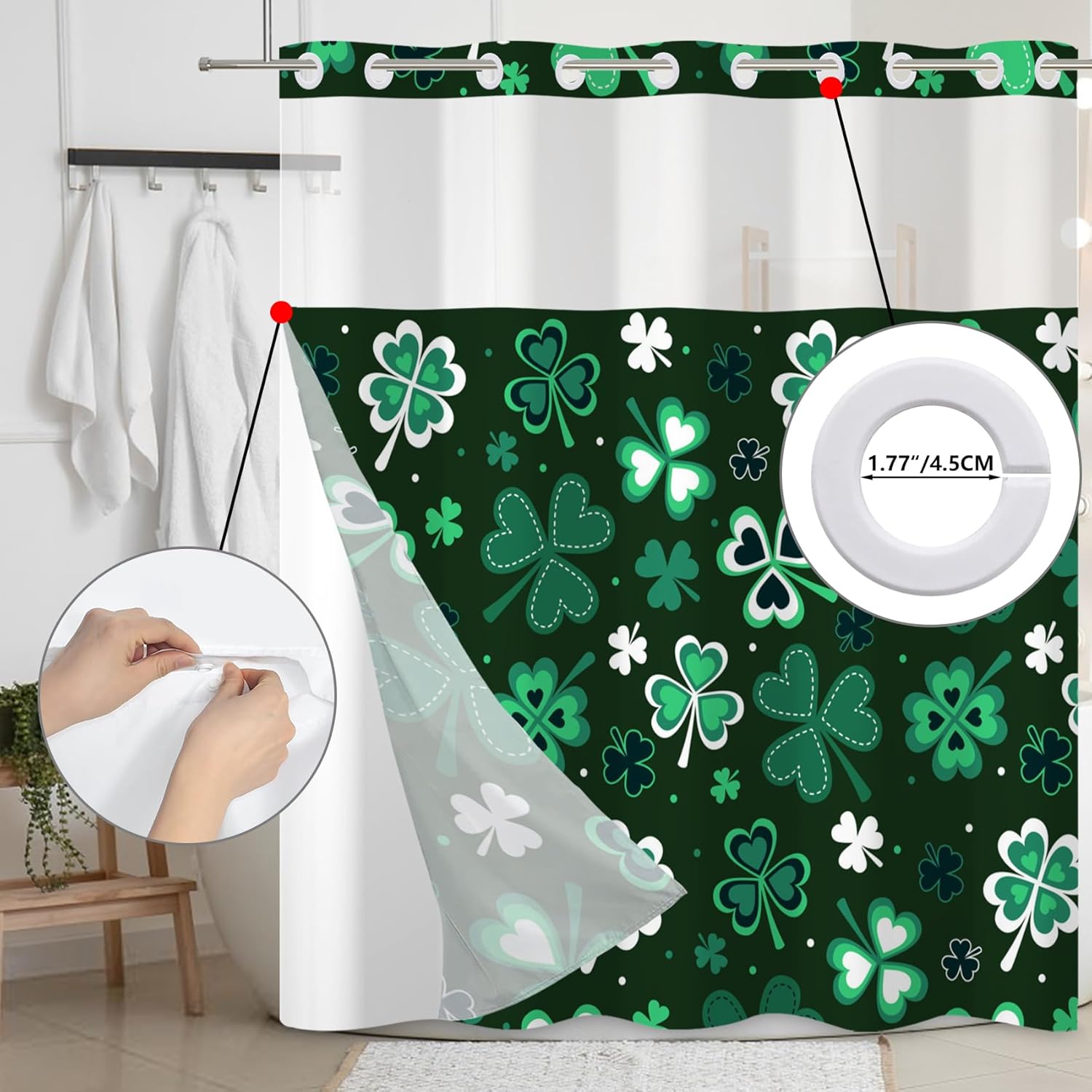 Baocicco Shamrocks St.Patrick Day No Hook Shower Curtain with Snap in Liner Irish Green Clover Spring Holiday See Through Top Window Open Grommet Bath Curtain Fabric Mesh Top Window 71x74 Inch