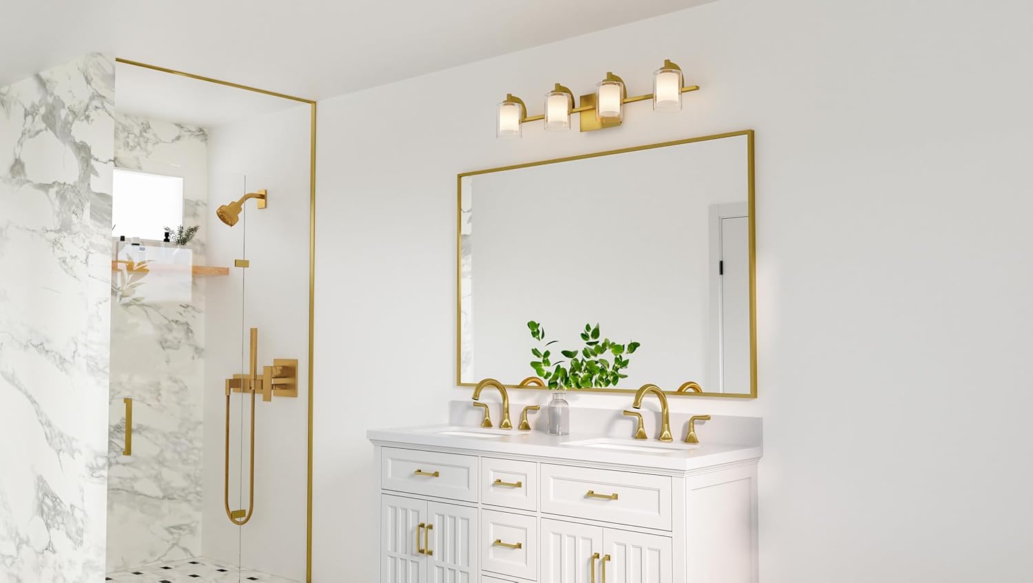 Quoizel Kolt Modern Vanity Lights, 4-Light, 29 Inch Brushed Gold Bathroom Lighting Fixtures Over Mirror, Sandblasted Inner Glass, 50 W LED Bulb, Wall Mount Light for Bathrooms, Kitchen or Hallway