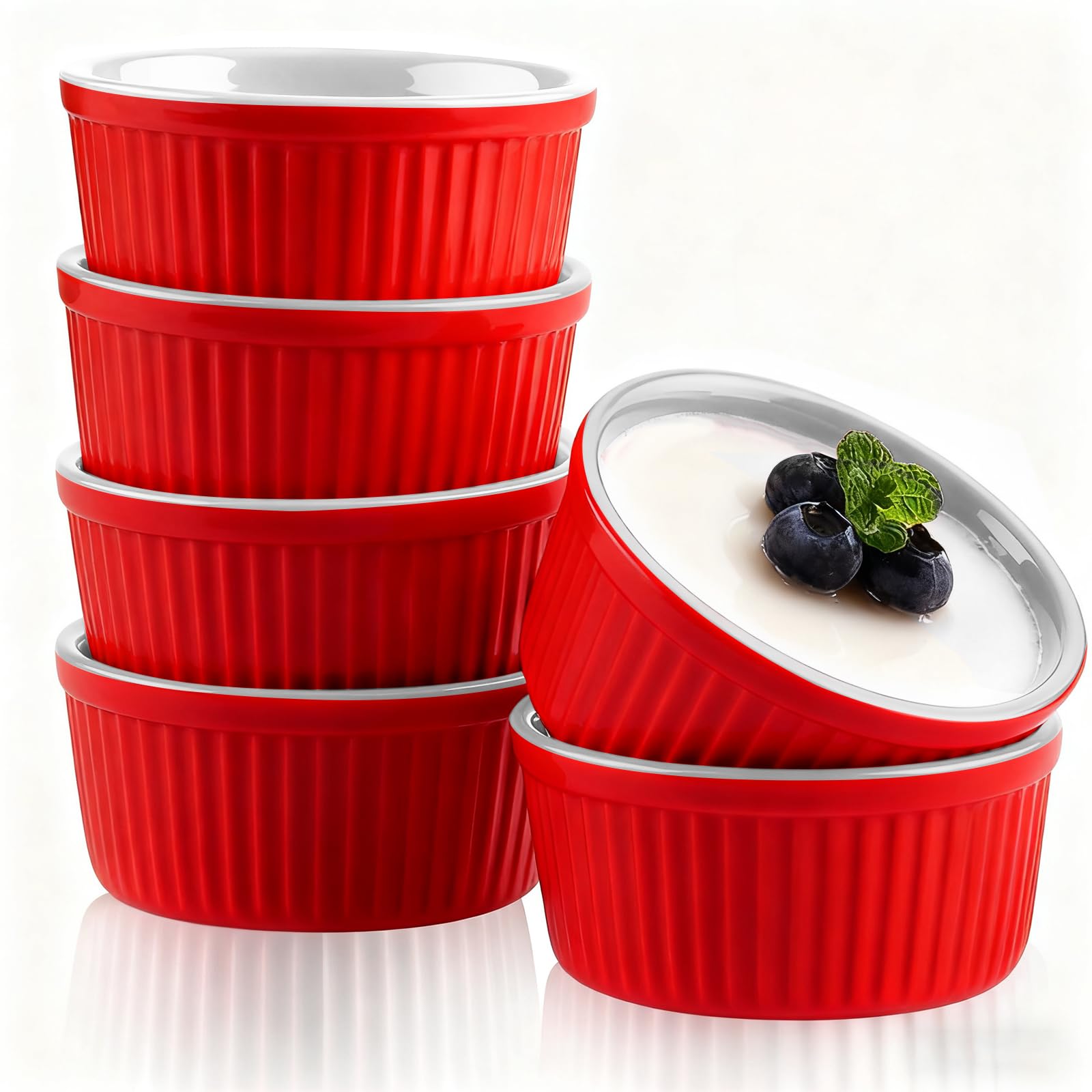Woobroo Ramekins Set of 6, 200ML Porcelain Souffle Dish,9cm Creme Brulee Dish for Air Fryer & Oven, Mini Bowl for Dips, Sauces, Snacks and Fruits-Red