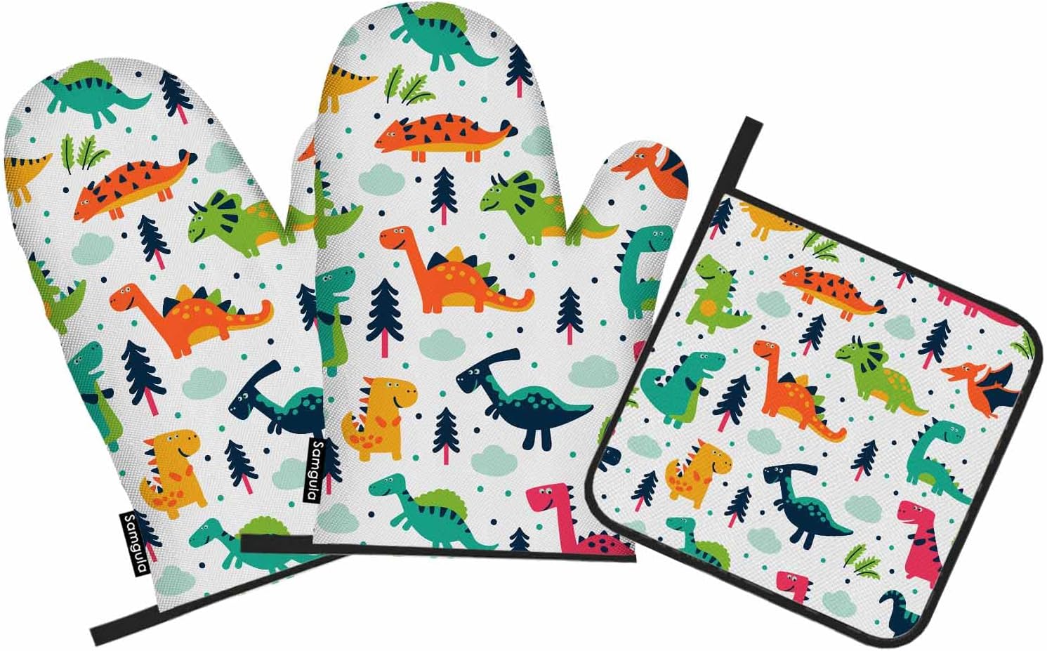 Dinosaur Oven Mitts and Pot Holders Sets Primitive Animal Colorful Cartoon Heat Resistant 3pcs for Cooking Baking BBQ Dinosaur Oven Mitts and Pot Holders Sets Primitive Animal Colorful Cartoon Heat Resistant 3pcs for Cooking Baking BBQ