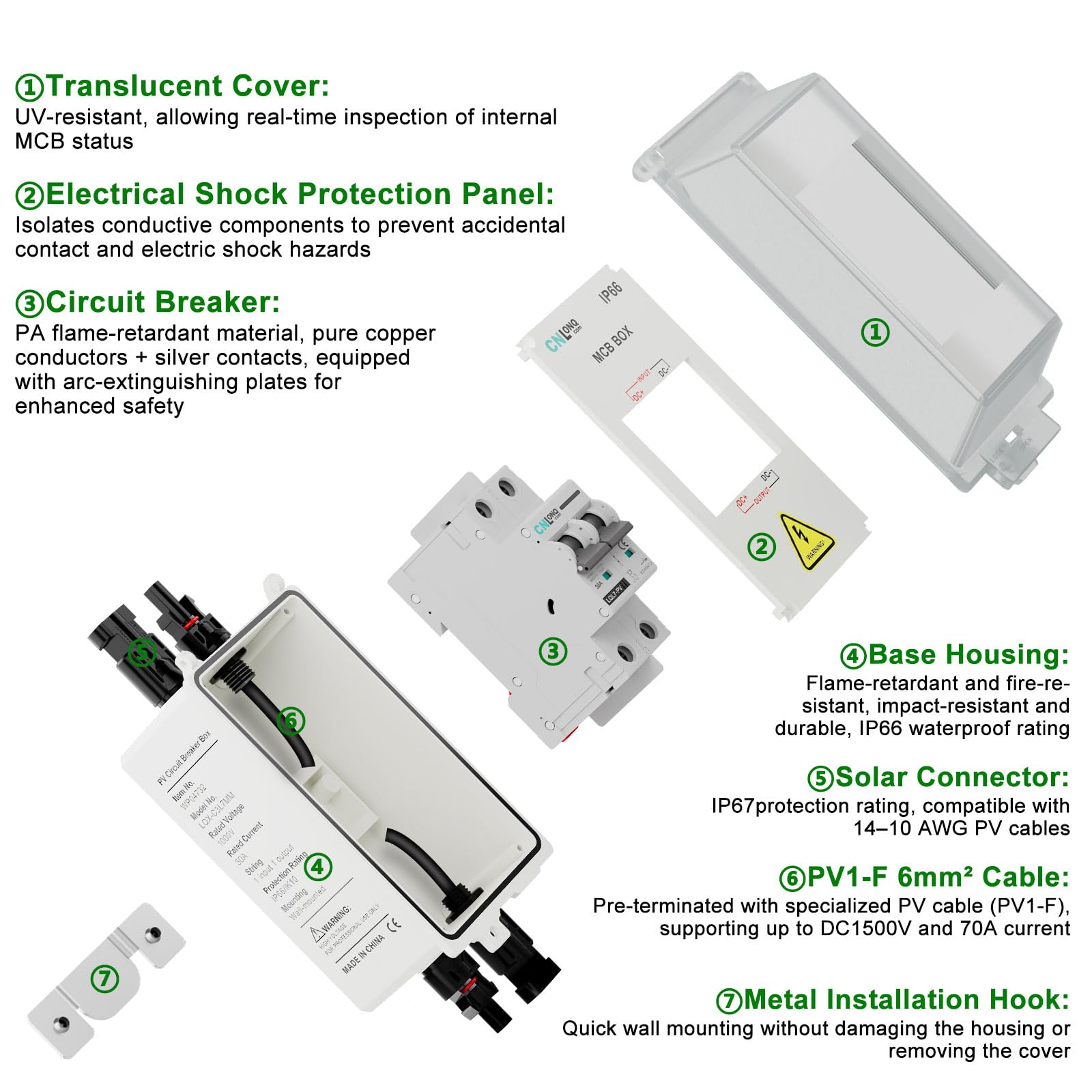 CNLONQ DC Trennschalter PV Anlage 32A 1000V Sicherungsautomat 2polig IP66 Wasserdicht mit Plug and Play Stecker und Metallhaken für Solarmodule, Einspeisesteckdose und Balkonkraftwerk