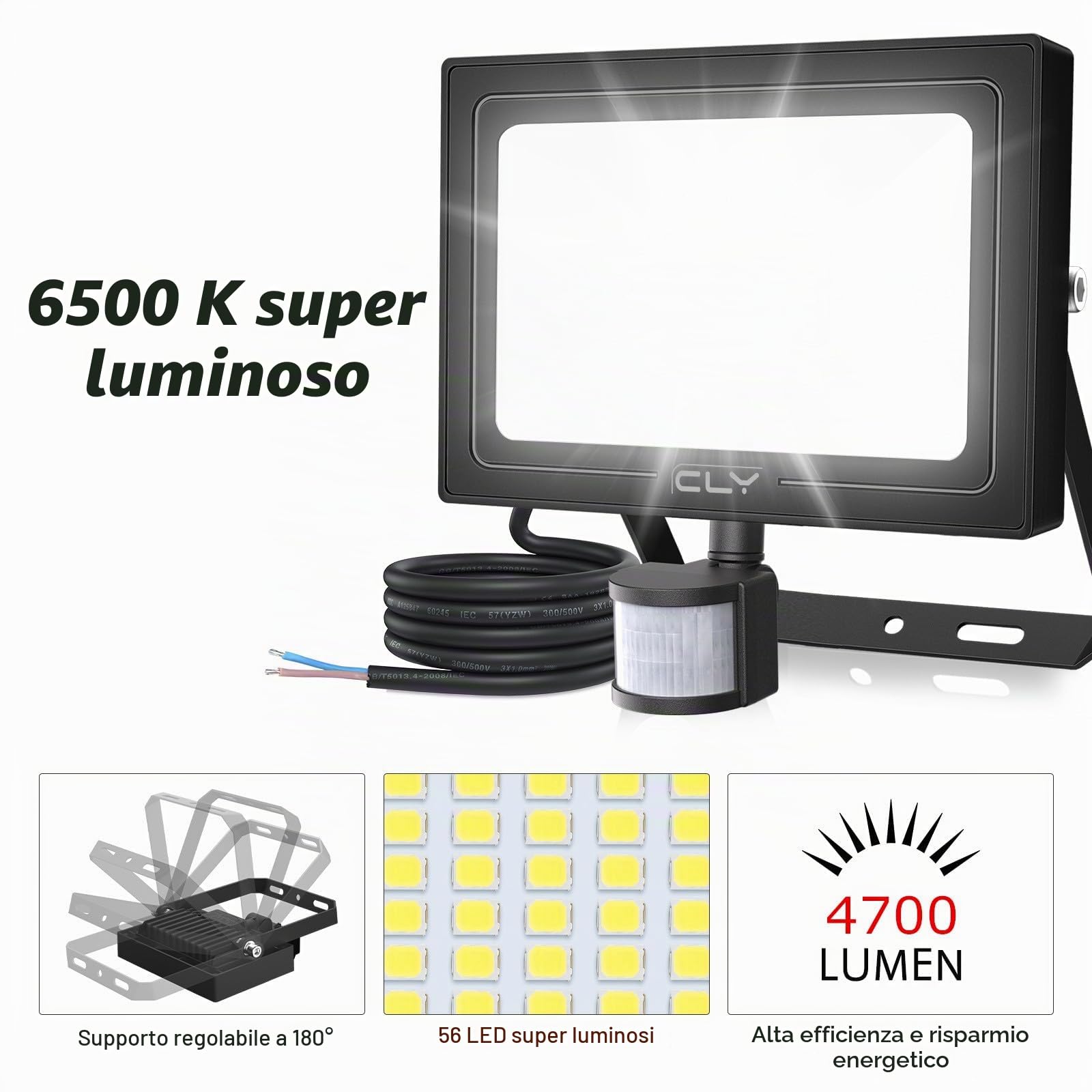 CLY Faretto Led da Esterno con Sensore di Movimento 50W, 4700LM Faro Led Esterno 6500K Faretti da Esterno Bianca Fredda Luce Led con sensore IP66 Impermeabile per Garage Giardino Cortile