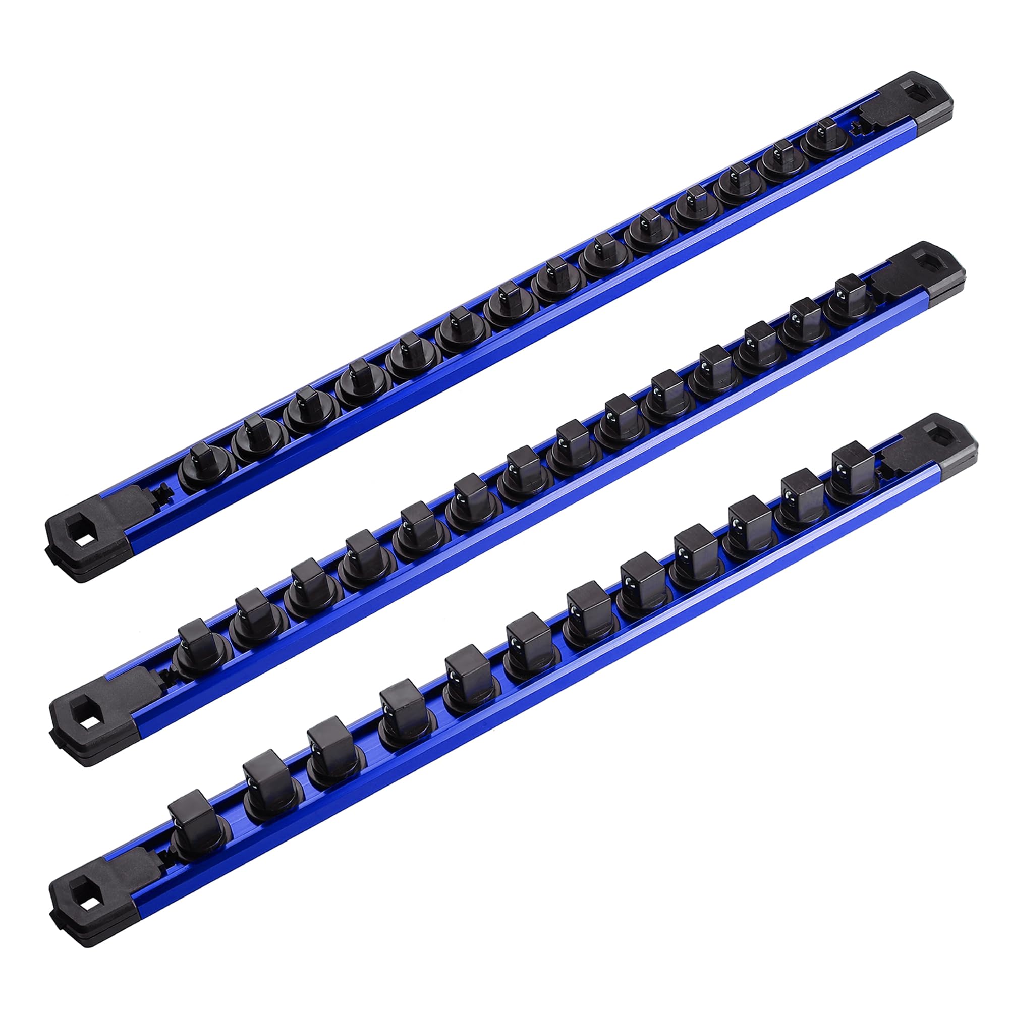 Aloanes 3-Piece Drive Aluminum Socket Organizer, Heavy Duty Holder Tool Box Organizer, Aluminum Alloy Socket Rail Holder Kit Set x 40 Clips (Blue)