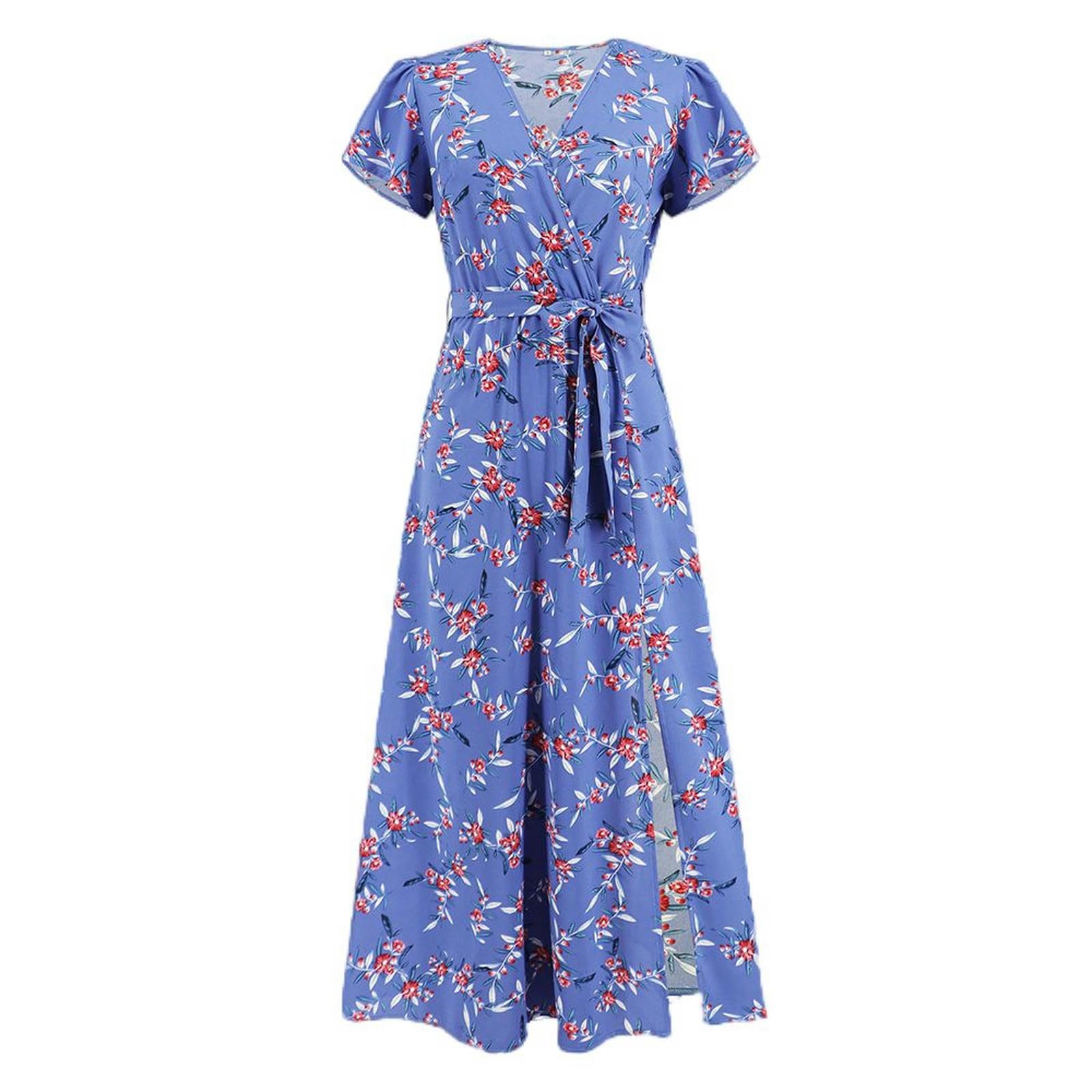 Robe bohème col en v en mousseline légère avec jupe fendue florale