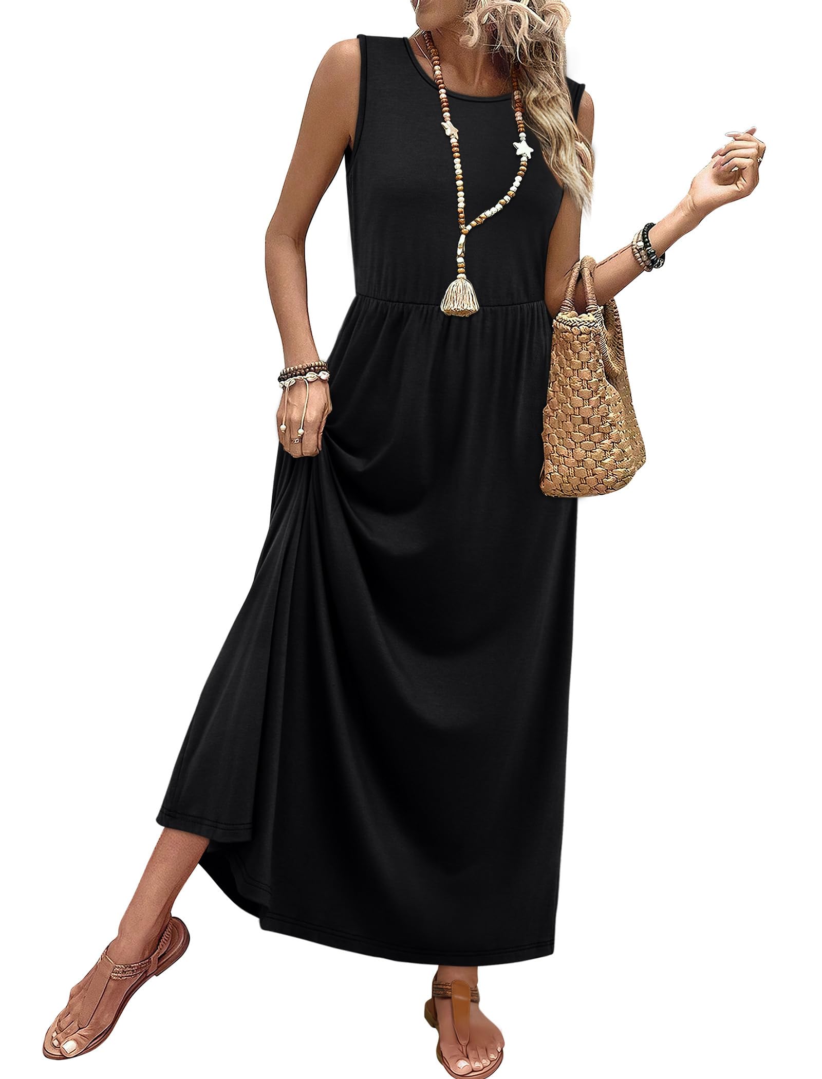 Photo 1 of WIHOLL Black Dresses for Women Casual Summer Maxi Dresses Tank Long Flowy Airy Sleeveless Sundresses with Pockets 2026 Elegant Classy Modest M