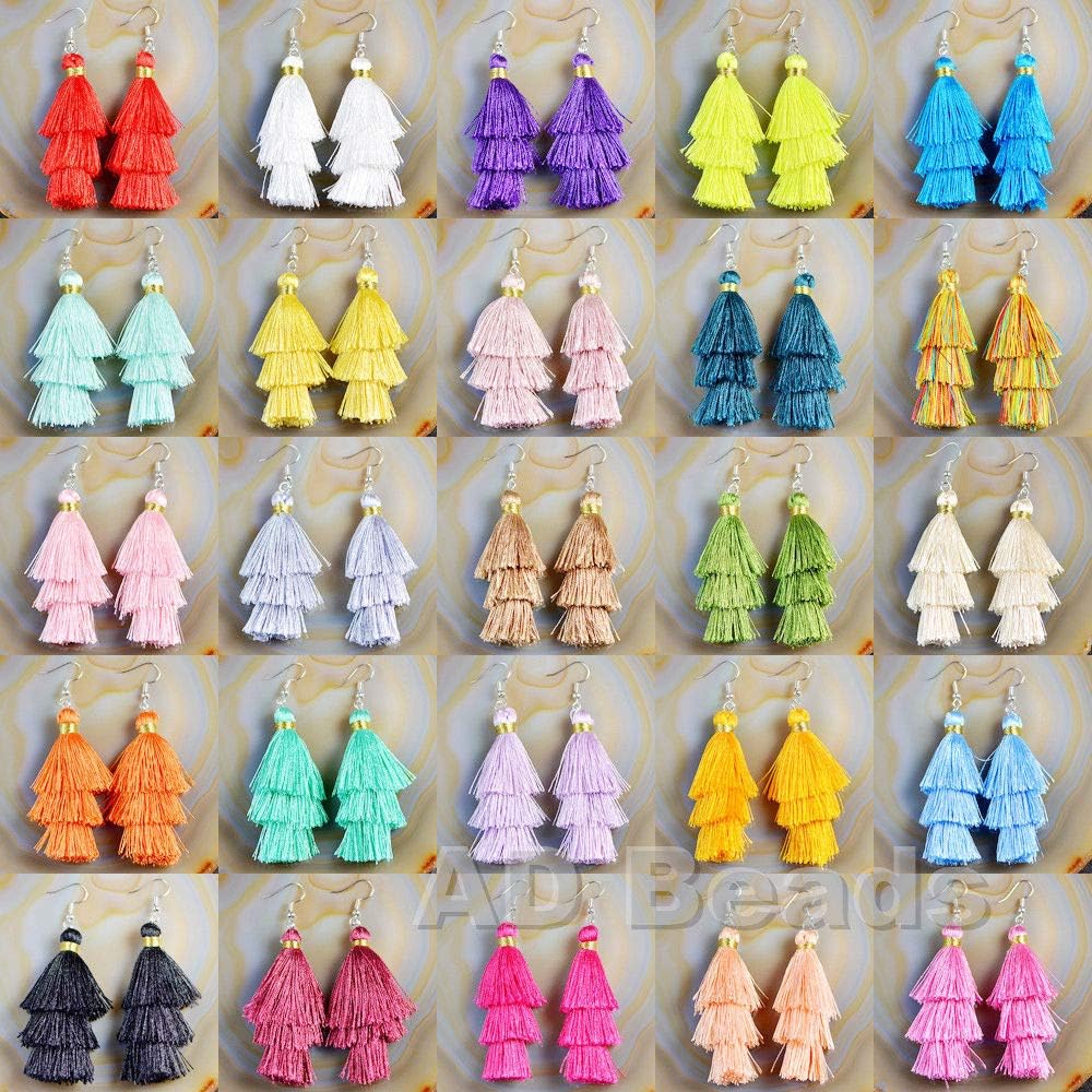 AD Beads Fashion Charm Crystal Silk Tassel 3 Layers Fan Fringe Dangle Earrings designer costume jewelry - Image 6