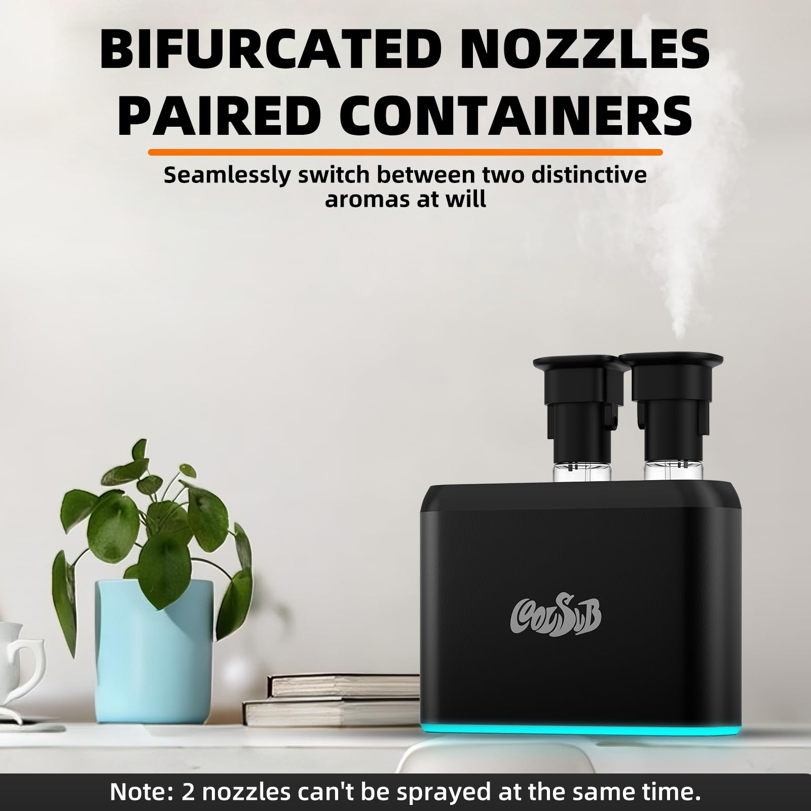 Diffusore di aromi intelligente, diffusore di oli essenziali a doppio ugello, senz'acqua, con nebbia fredda, diffusore di oli essenziali per aromaterapia, funzionamento a batteria, per auto