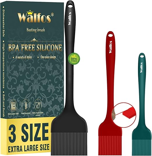 Walfos 3 Size Basting Pastry Brush, Silicone Pastry Brushes for Barbecue, Baking, Desserts, Cooking Brush for Kitchen - Strong Stainless Steel Core