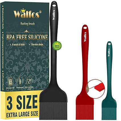 Walfos Basting Brush Set, High Heat Resistant Silicone Pastry Brushes for Barbecue, Baking, Kitchen Cooking, Desserts- Strong Stainless Steel Core
