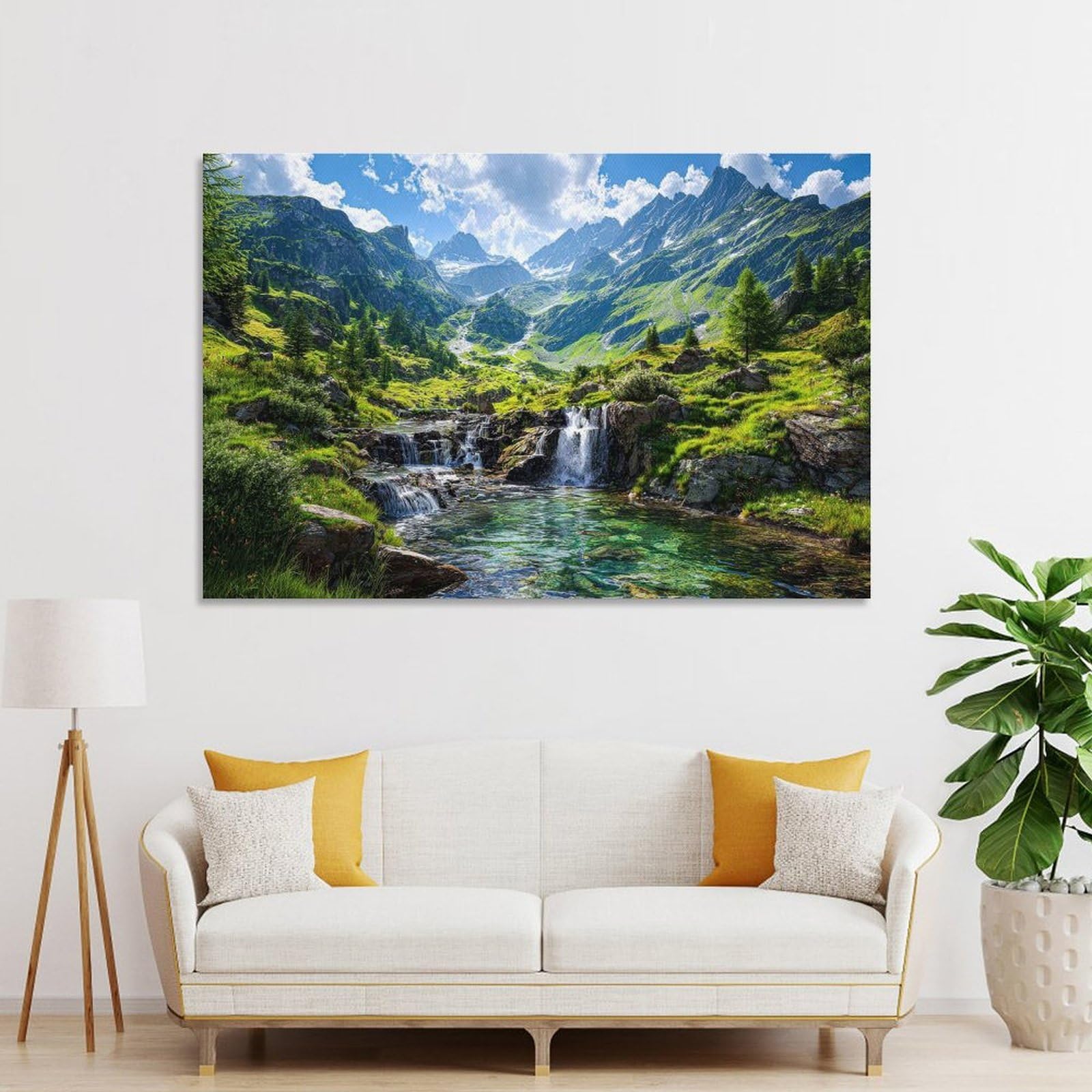 Junmoney Wall Picture Print Majestic Mountain Stream And Peaks, 20x30inch(50x75cm), for Lounge, Bedroom Or Personal Spaces, Canvas Artwork with Gifting Potential