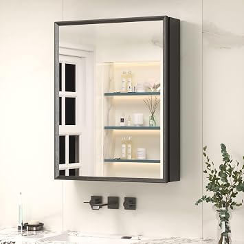 Keonjinn Bathroom Mirror Cabinets 50x65cm, Assembly Required, Black Aluminum Frame Mirrored Bathroom Cabinet Wall Mounted with Storage, Adjustable Shelf Wall Cabinet with Mirror, Single Door