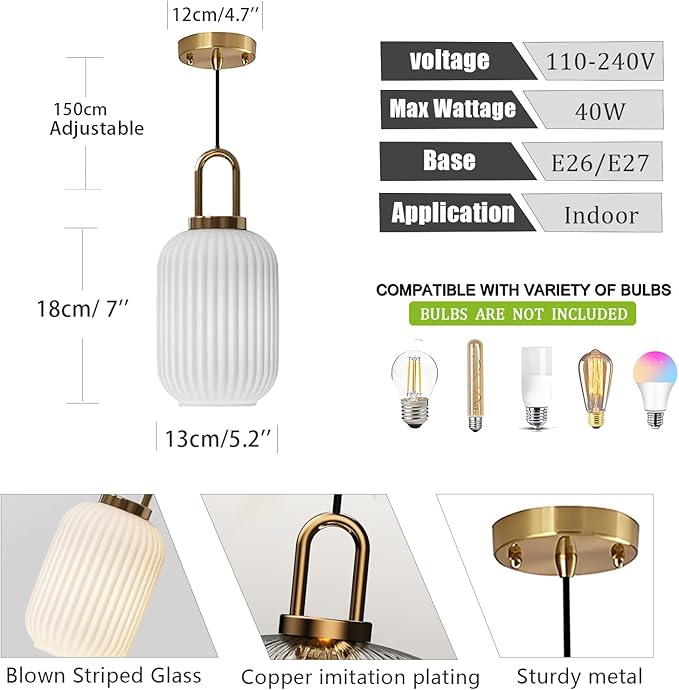 XIRYTU-H Witte Glazen Hanglamp met Messing Gouden Voet, Witte Plafondlamp Hangende Lamp voor Keuken Eiland (14cm) photo 2