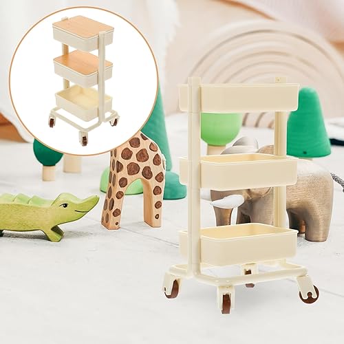 Miniatura 5 de Carrito de casa de muñecas en miniatura, carrito de compras, estante de almacenamiento de 3 capas con ruedas para decoración de muebles de cocina de
