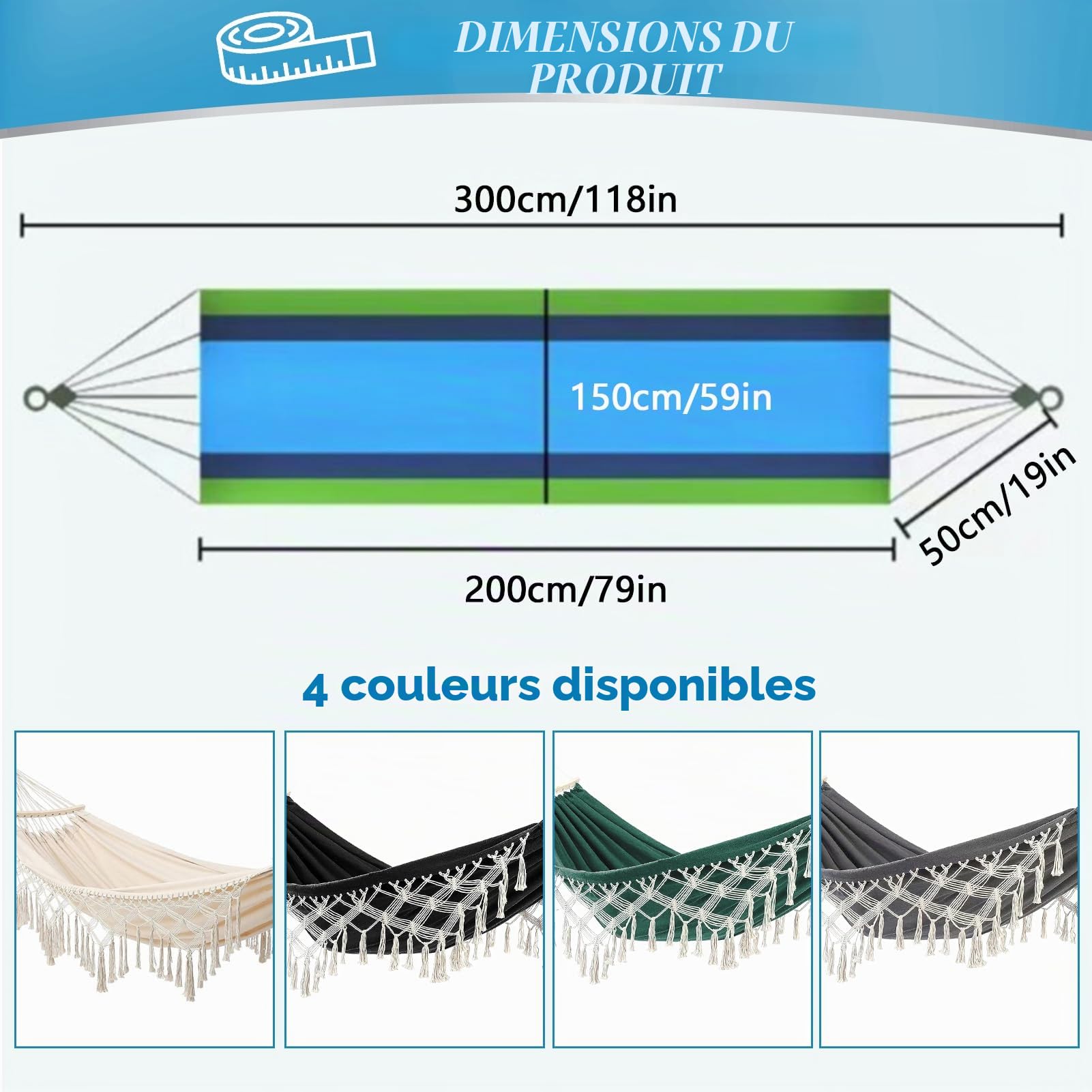 Hamac Extérieur Suspendu de Bohême avec Support, Tige en Bois et Sangle - Toile Macramé (Blanc)