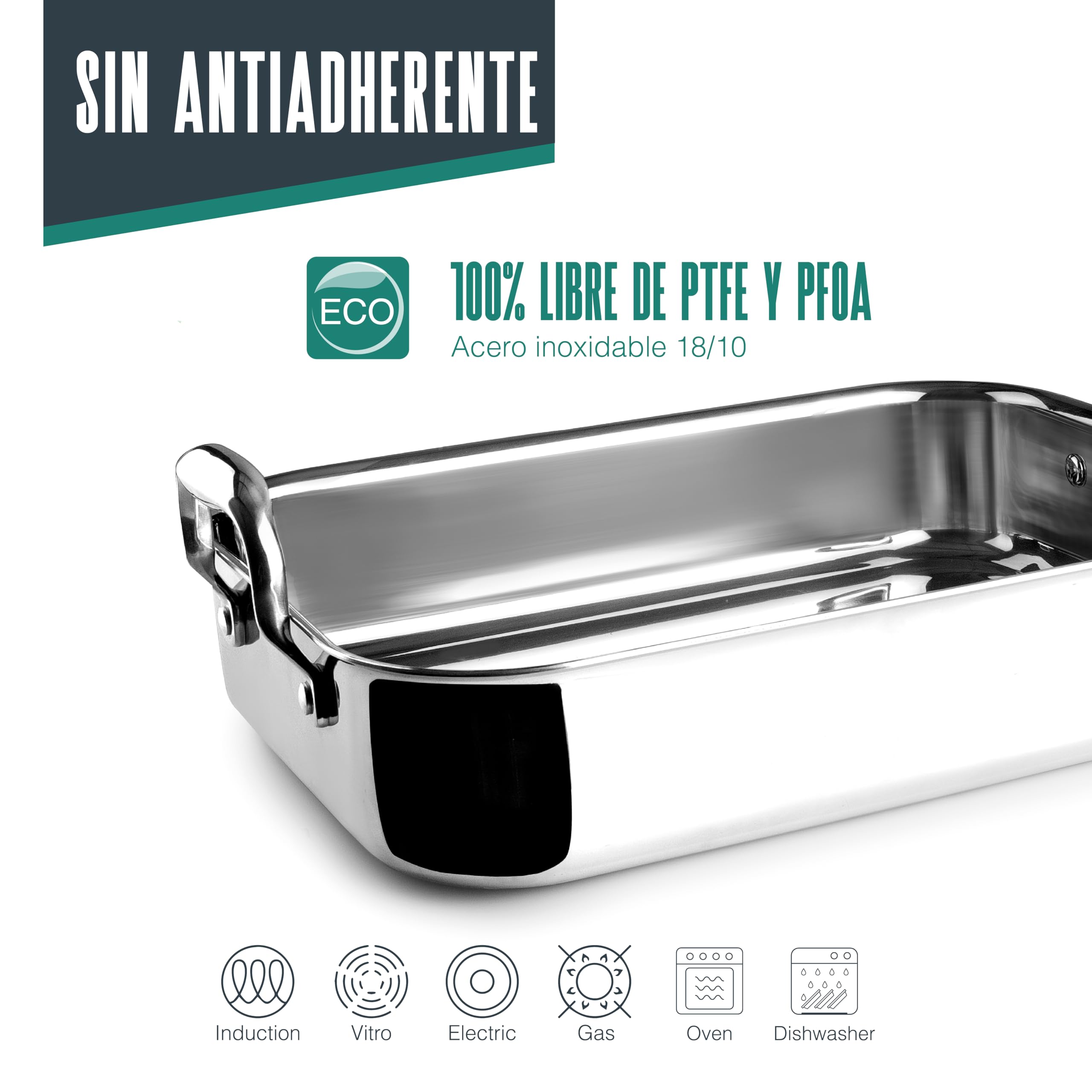 Lacor - 60865 - Rustidera TriChef, 35 x 26 cm, 5 Litros, Acero Inoxidable 18/10 y Aluminio Tricapa, Apta para Inducción, Horno y Lavavajillas, Asas Reforzadas, Distribución Uniforme del Calor