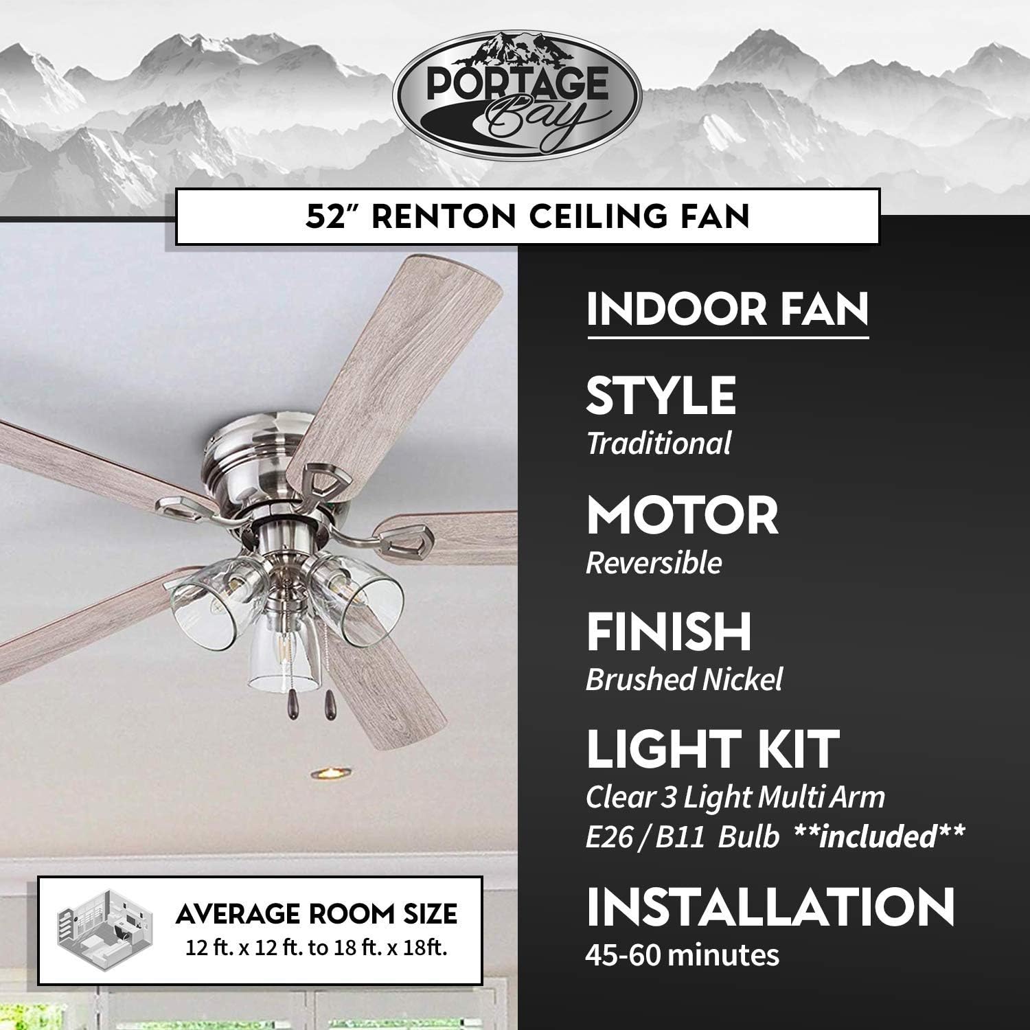 Hоttеѕt Sаlеѕ Portage Bay Ceiling 52 Renton Brushed Nickel Indoor Fan with Clear 3 Light LED Multi Arm E26/B11 Bulb and Pull-Chains, Traditional Style, 5 Reversible Gray Oak/Walnut Blades, 51440 Exсluѕіvе Sресіаl Portage Bay Ceiling 52 Renton Brushed Nickel Indoor Fan with Clear 3 Light LED Multi Arm E26/B11 Bulb and Pull-Chains, Traditional Style, 5 Reversible Gray Oak/Walnut Blades, 51440