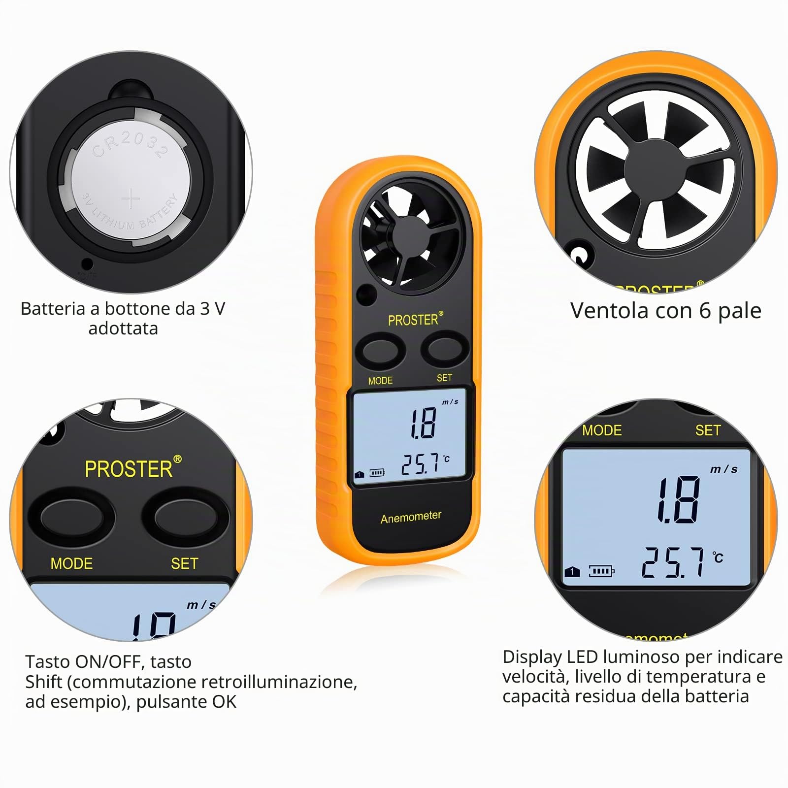 Proster Anemometro Digitale LCD Misuratore Velocità Vento Tester Velocità Flusso Aria Termometro con Retroilluminazione per RC Drone Elicottero Windsurf Aquilone Gara Vela Pesca ECC