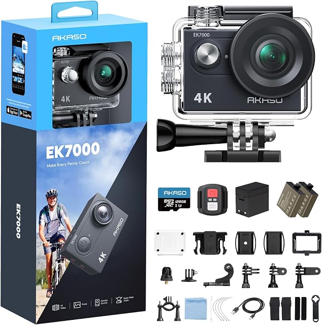 AKASO EK7000 4K30FPS 20MP WiFi Action Camera with EIS Ultra HD 131FT Waterproof Underwater Camera Remote Control 4X Zoom Support External Microphone Black with 128GB microSDXC U3 Memory Card