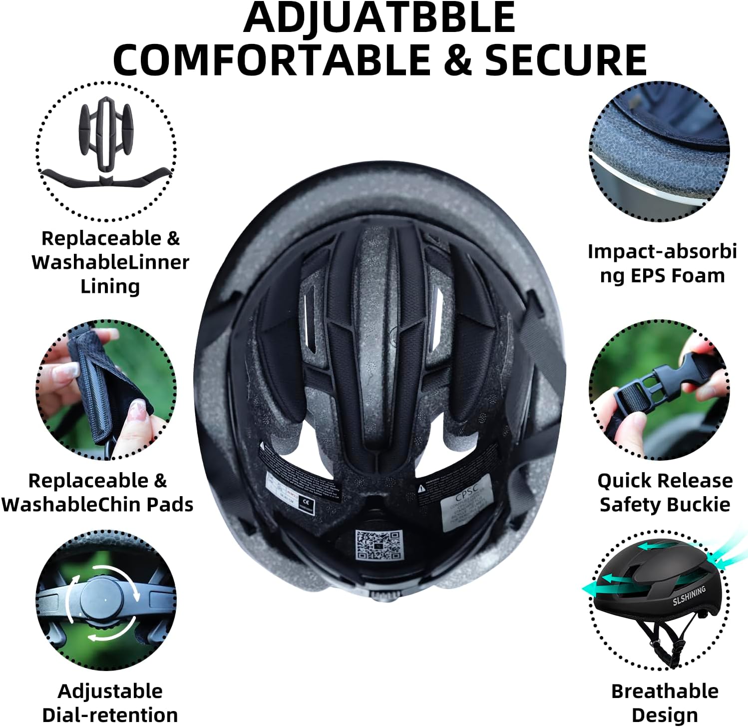 Diagram showing adjustable dial, replaceable lining, chin pads, quick release buckle, and breathable design for comfortable fit.