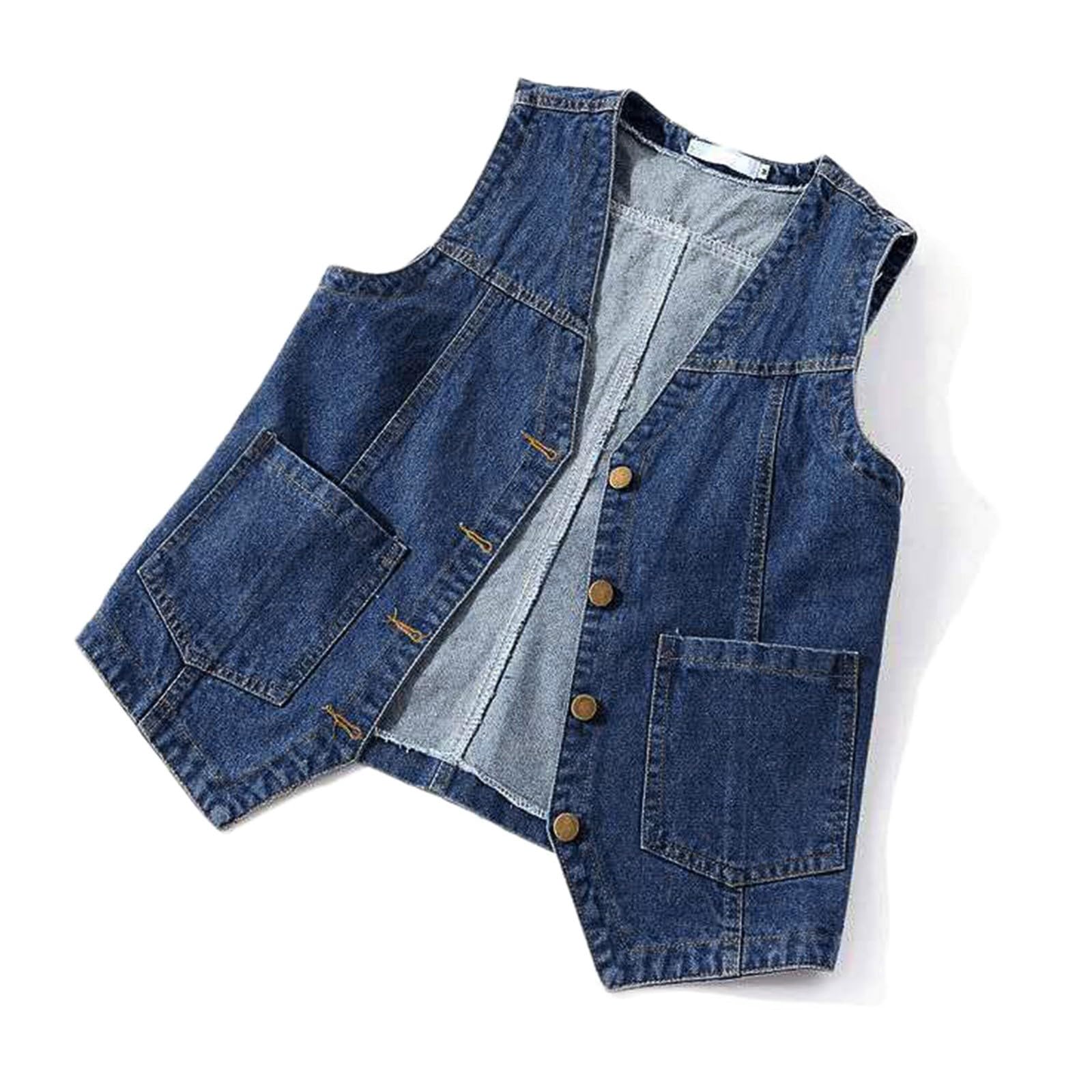 Gilet in jeans da donna senza maniche con scollo a V, abbottonatura, robusto tessuto denim per look casual, ideale da abbinare con abiti estivi o camicette, lavaggio classico con segni sobri