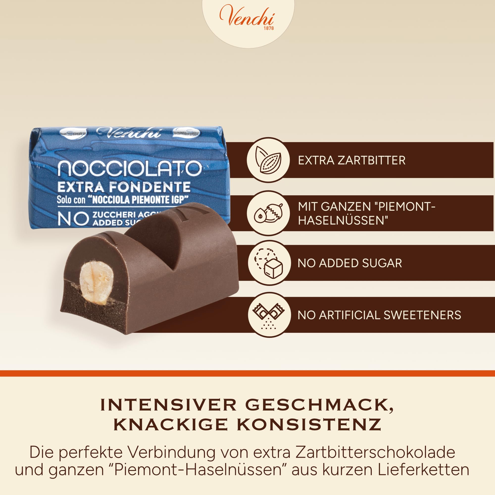 Venchi – Schokobarren Haselnuss Extra Dunkel NO Added Sugar, 1 kg – Mit ganzen Piemont-Haselnüssen – Glutenfrei – Vegan